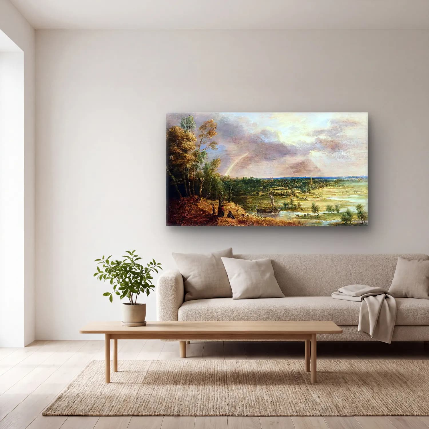 Lucas van Uden – Panoramic River Landscape cam tablo — açık renk salonda