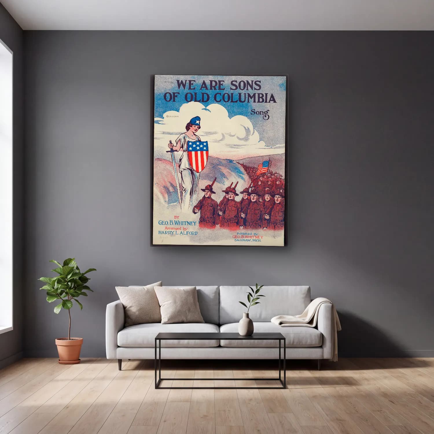 Vintage Poster Savaş Sahnesi No. 14 cam tablo — gri duvarlı salonda