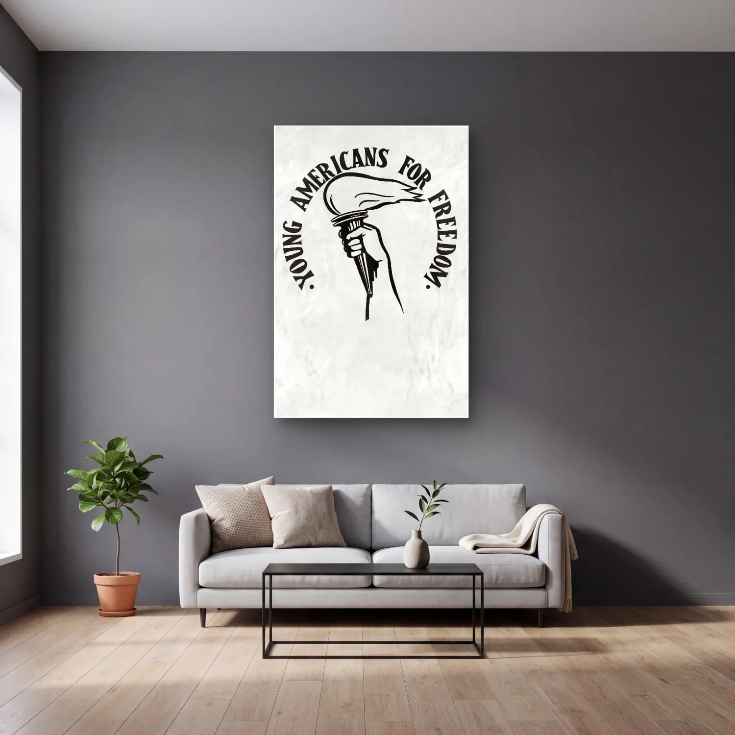 Vintage Poster Yazılı Tasarım No. 86 cam tablo — gri duvarlı salonda