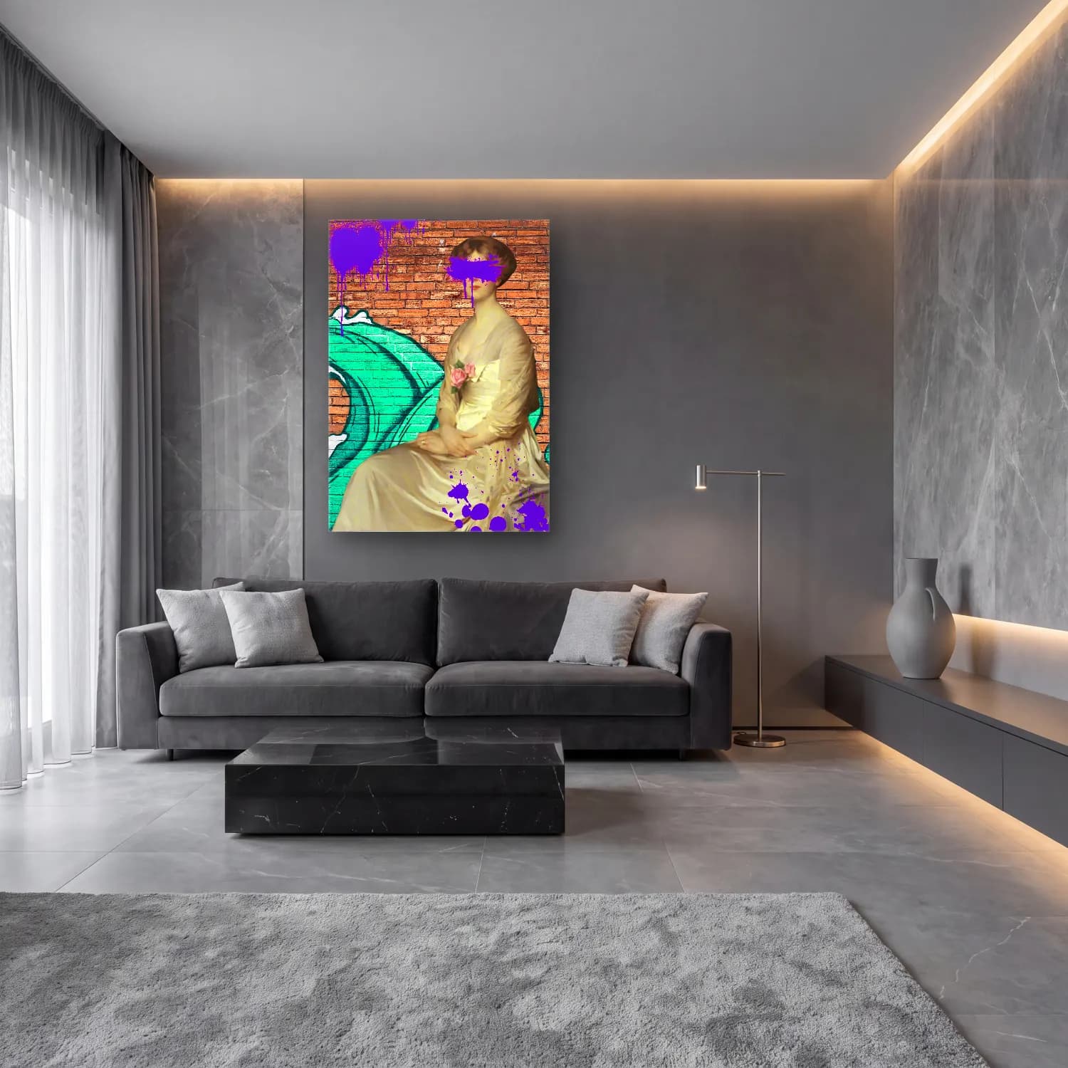 Pastel Elbiseli Kadın No. 7 cam tablo — lüks salon duvarında