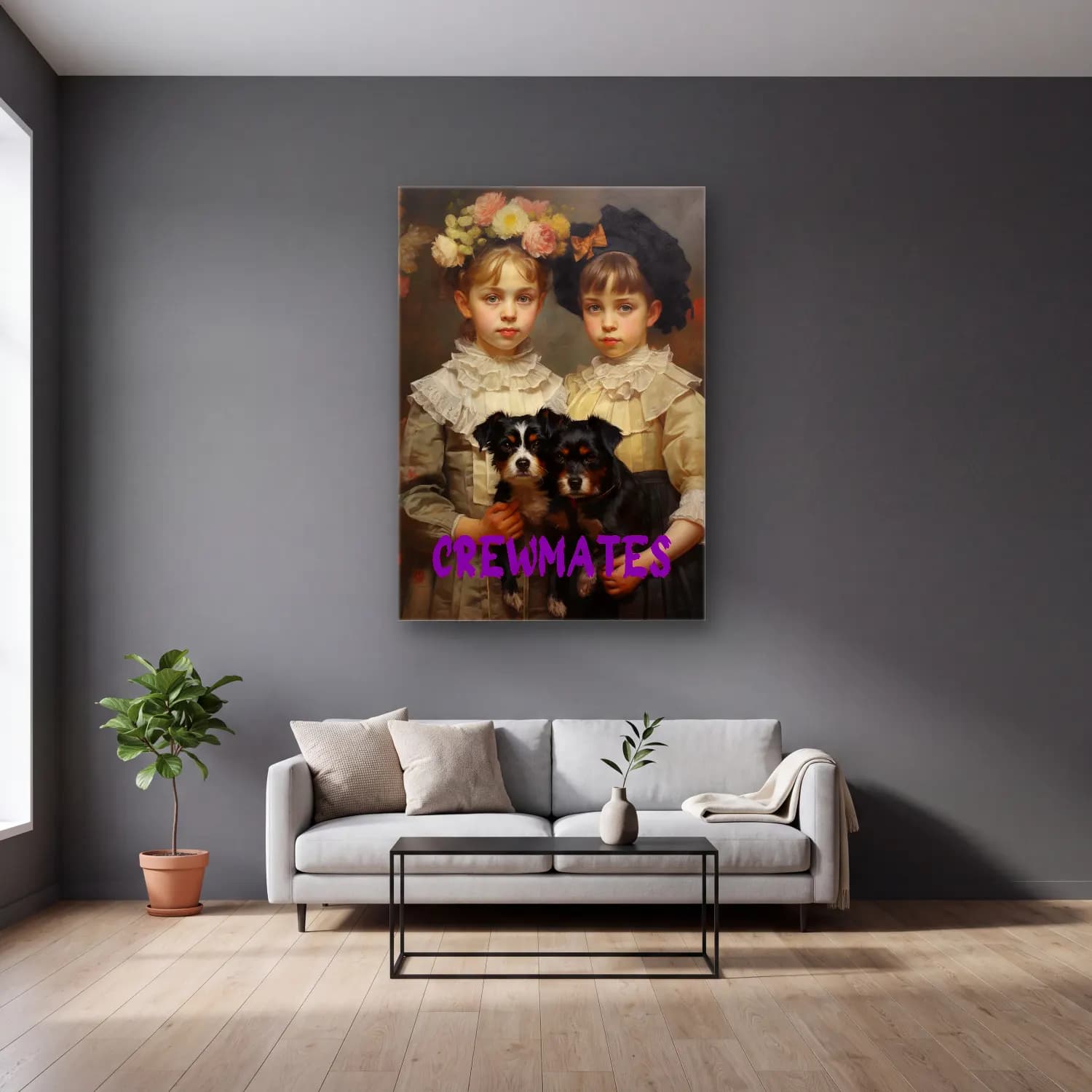 Vintage Poster Köpek – Pembe Tonlar cam tablo — gri duvarlı salonda