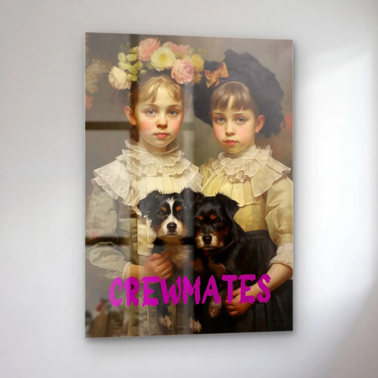 Vintage Poster Köpek – Pembe Tonlar cam tablo — sol açıdan görünüm