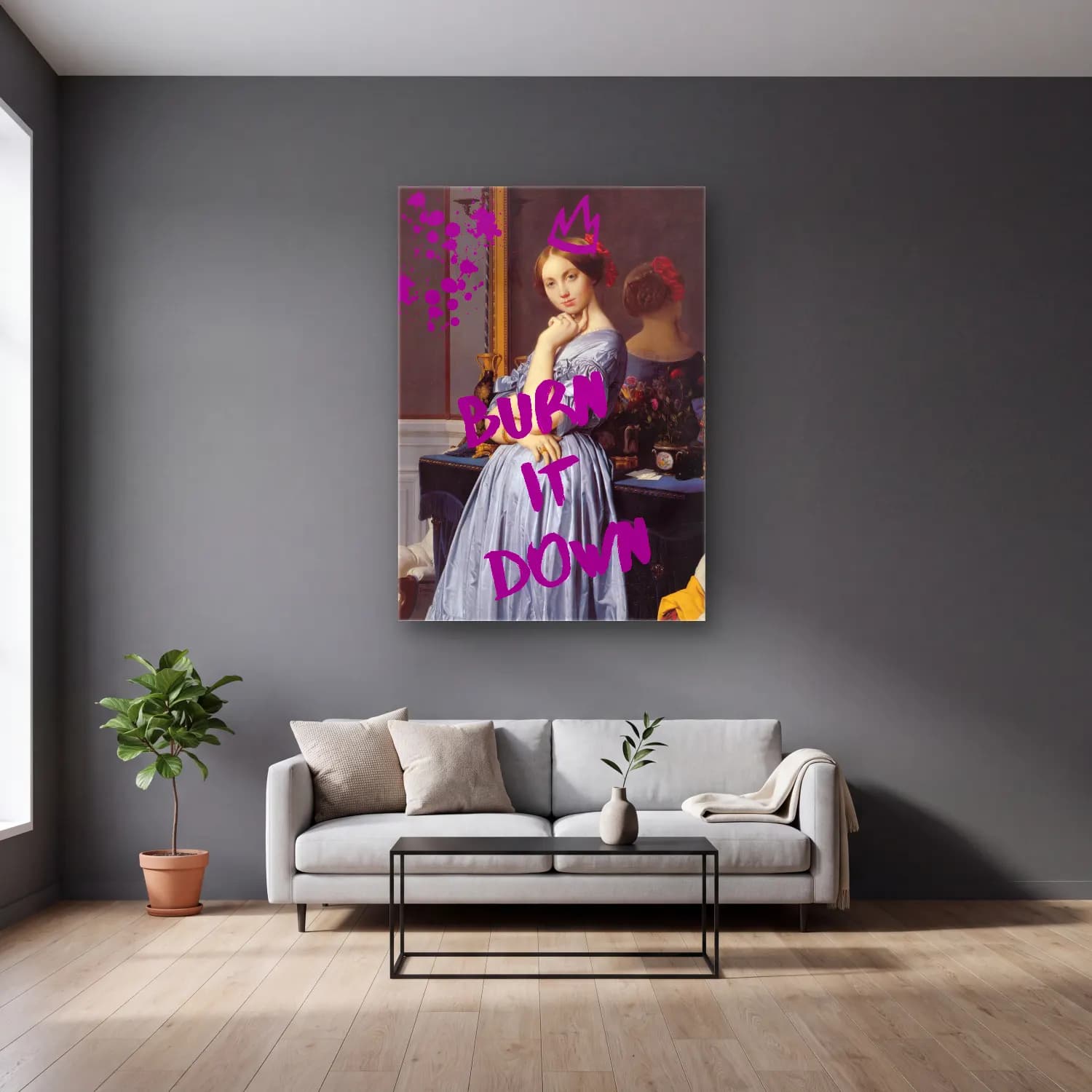 Vintage Poster Kitap Okuyan Kadın – Pembe Tonlar cam tablo — gri duvarlı salonda