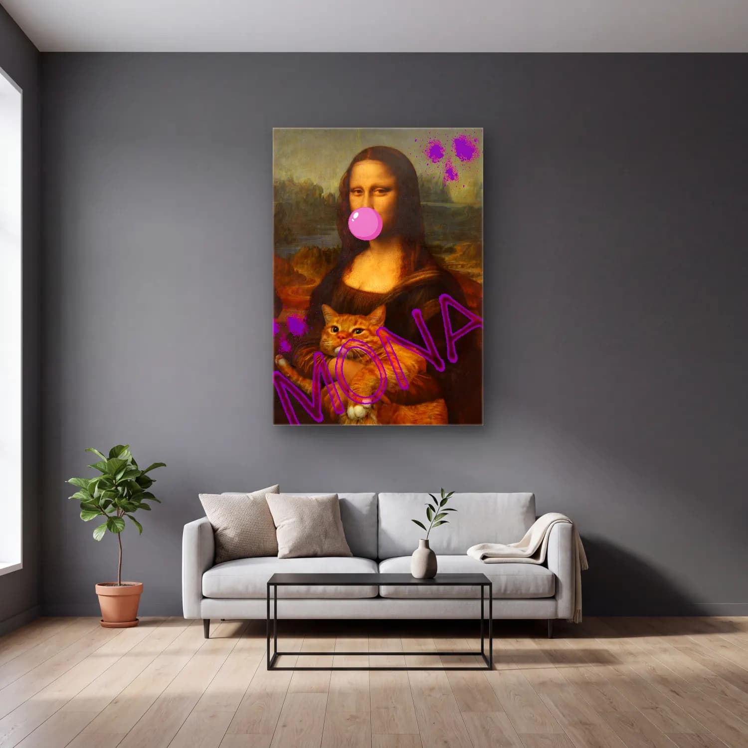 Pop Art Kedi – Pembe Tonlar cam tablo — gri duvarlı salonda
