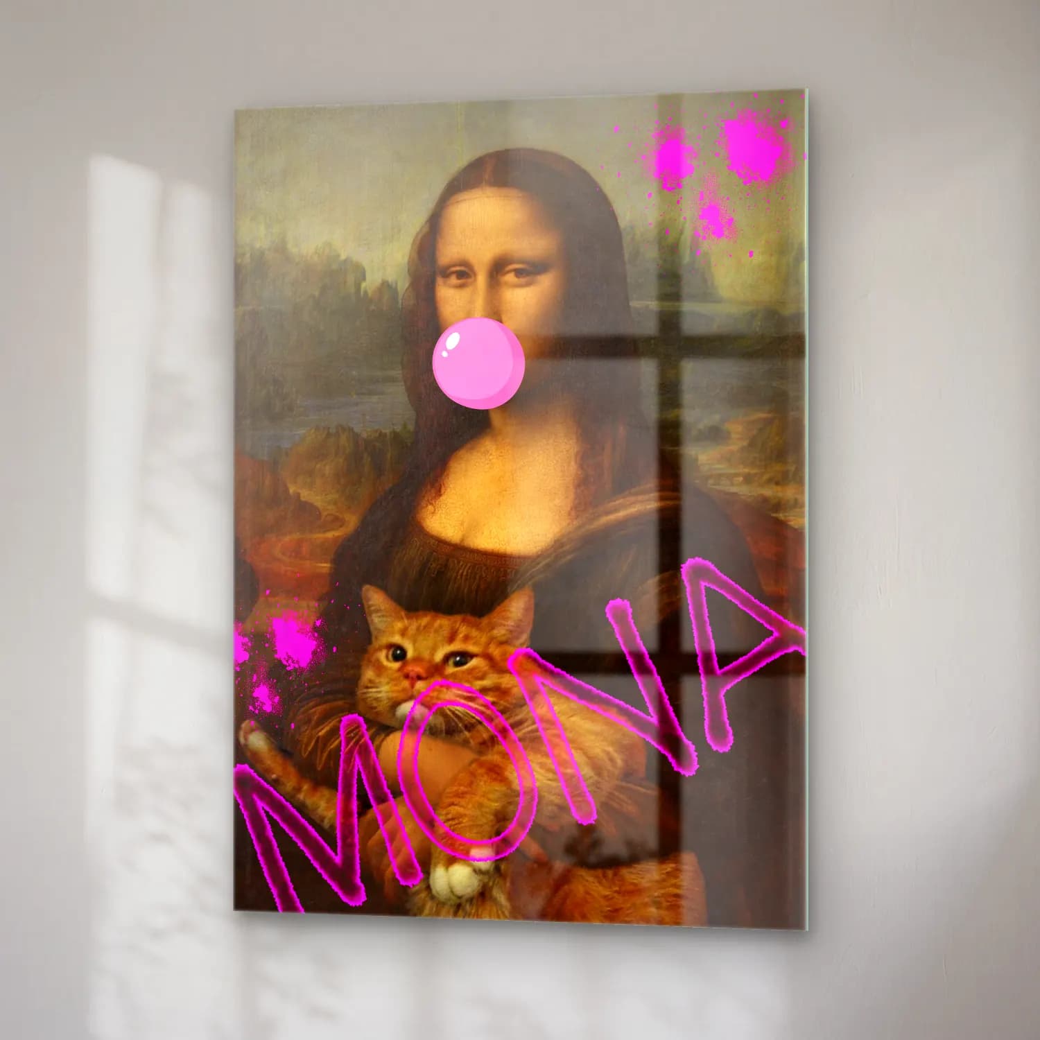 Pop Art Kedi – Pembe Tonlar cam tablo — sağ açıdan görünüm