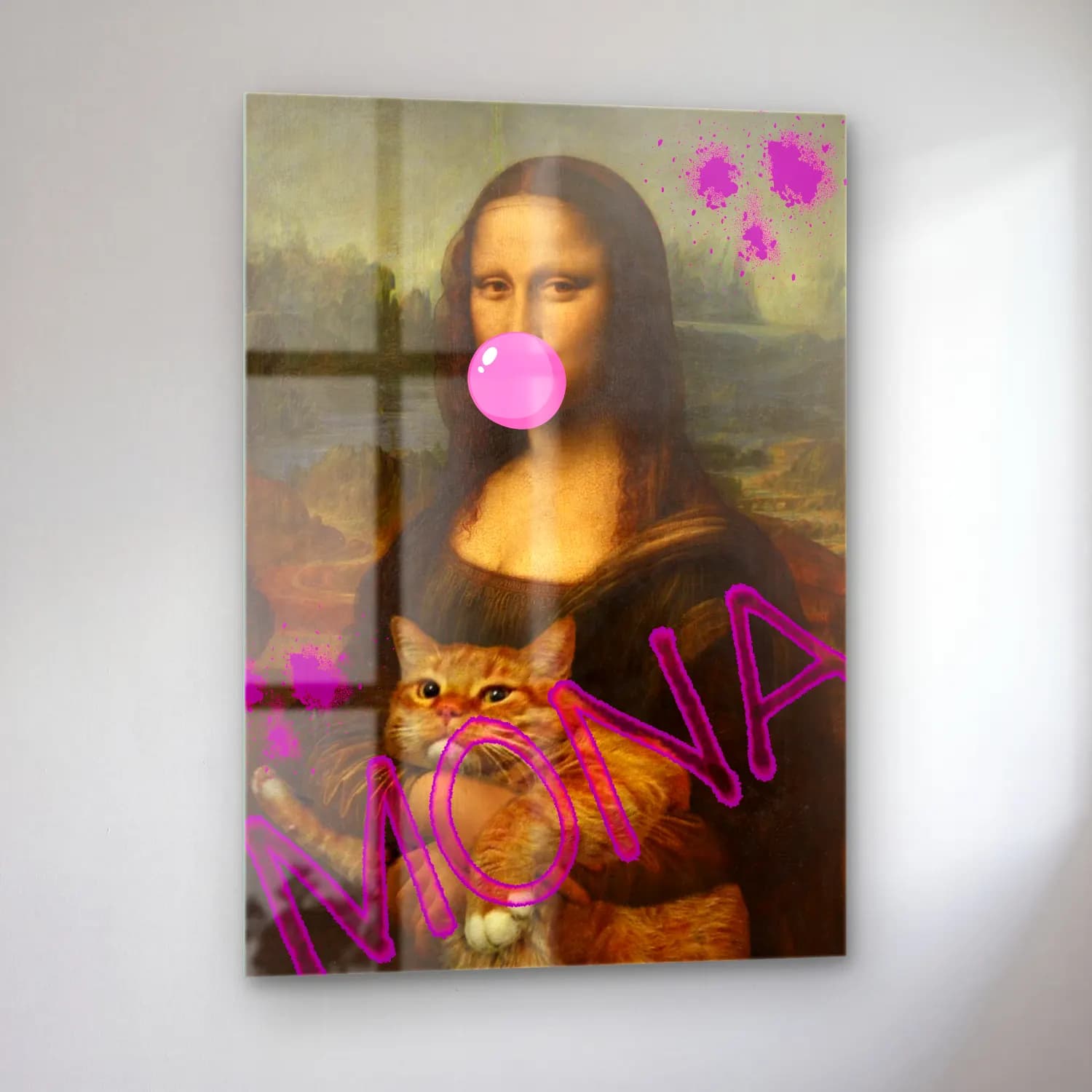 Pop Art Kedi – Pembe Tonlar cam tablo — sol açıdan görünüm