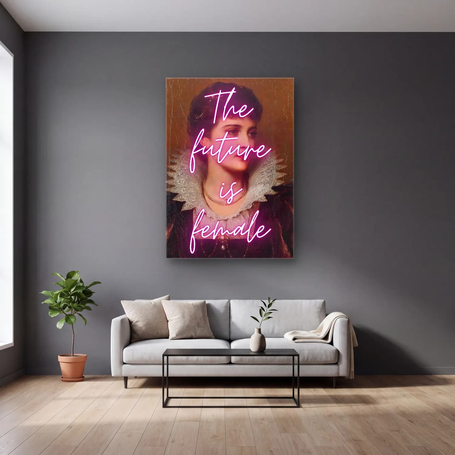 Vintage Poster Kadın Portresi No. 8 cam tablo — gri duvarlı salonda