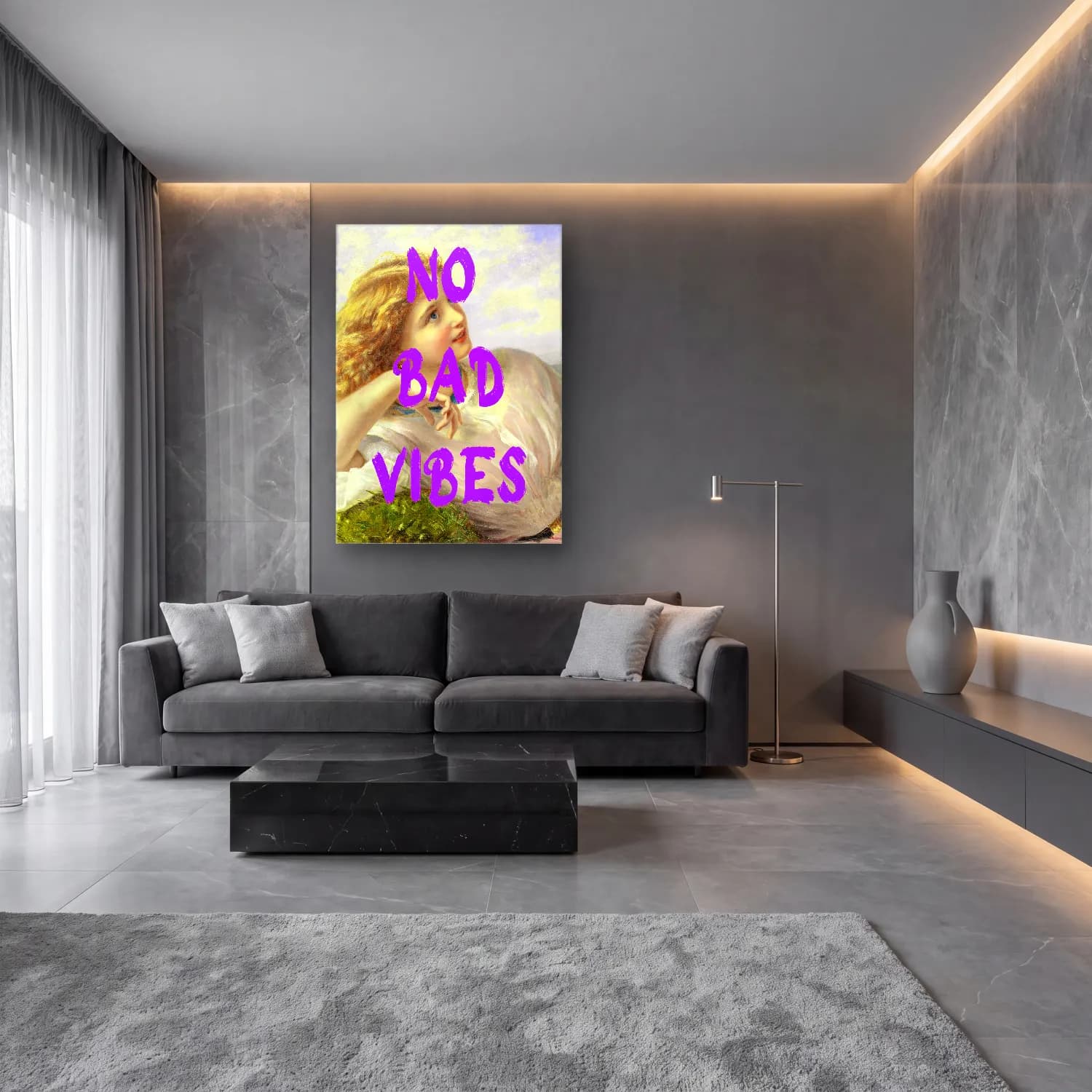 Pastel Yazılı Tasarım No. 2 cam tablo — lüks salon duvarında