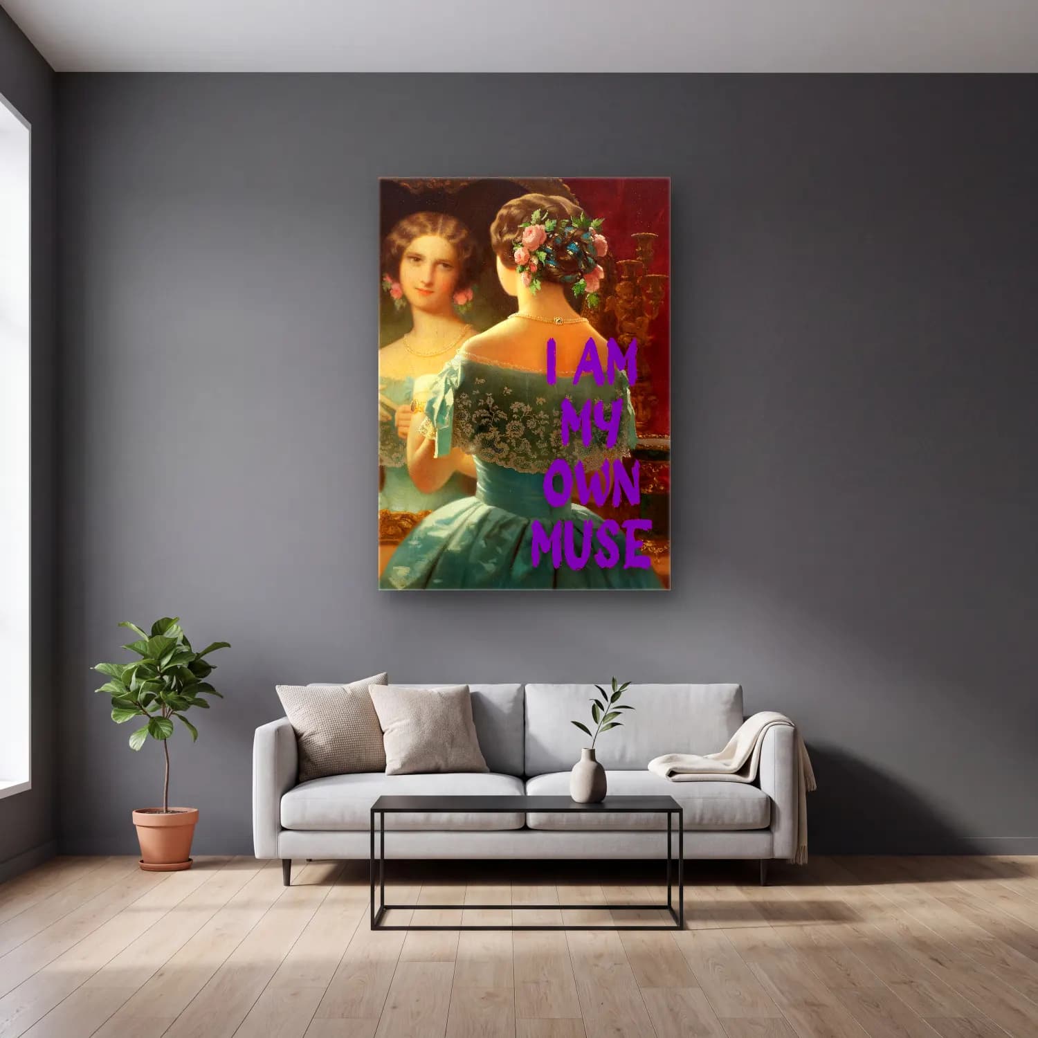 Vintage Poster Elbiseli Kadın No. 19 cam tablo — gri duvarlı salonda