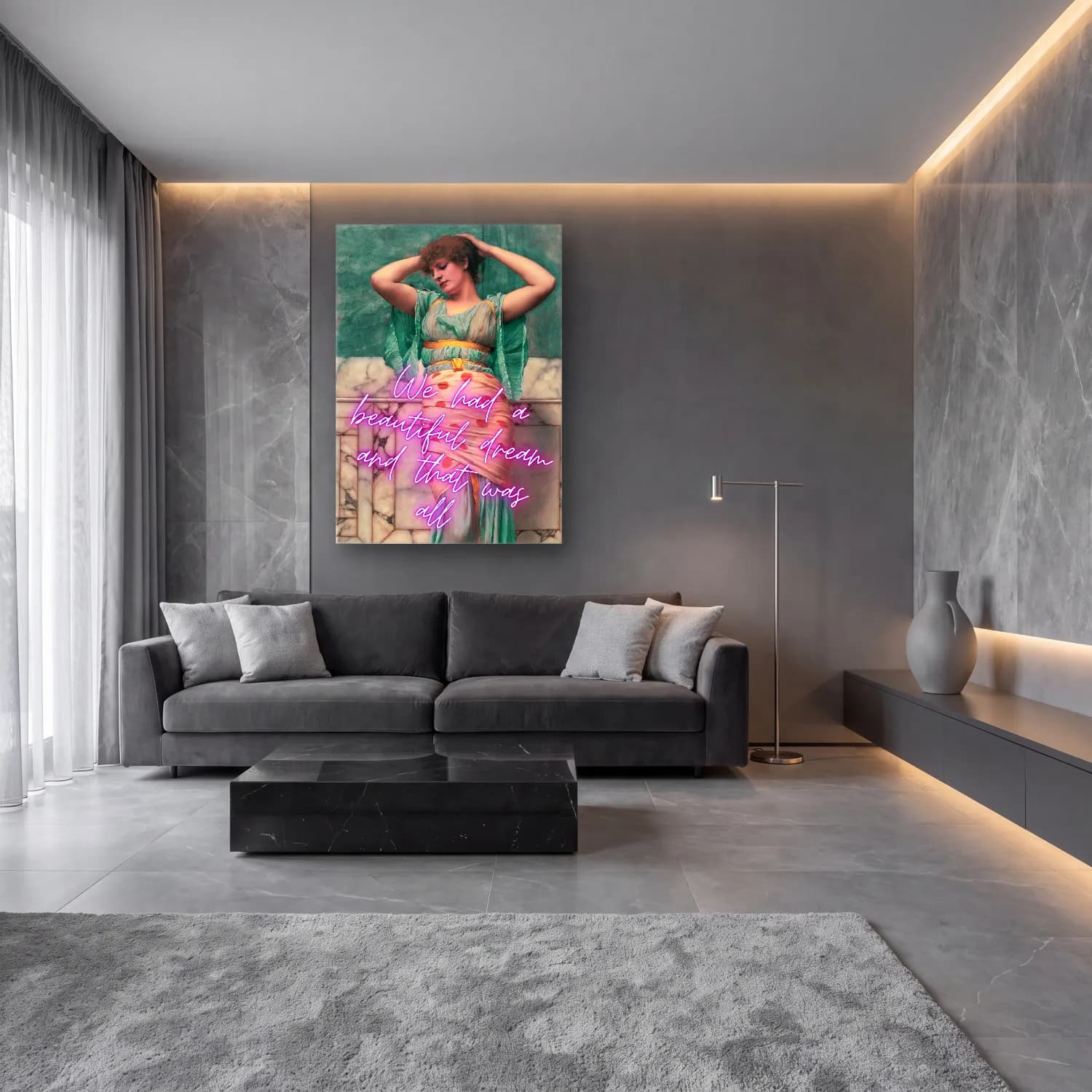 Pastel Elbiseli Kadın – Pastel Tonlar cam tablo — lüks salon duvarında