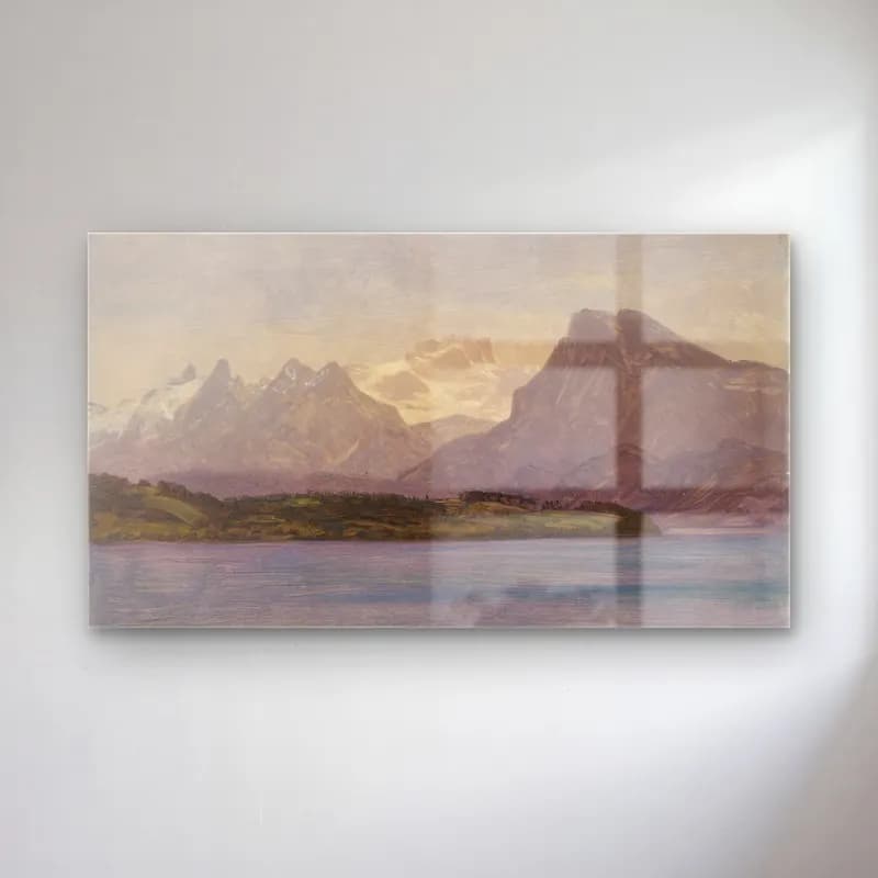 Albert Bierstadt – Alaskan Coast Range (ca. 1889) cam tablo — Albert Bierstadt – Alaskan Coast Range (ca. 1889) — yağlı boya göl ve dağlar
