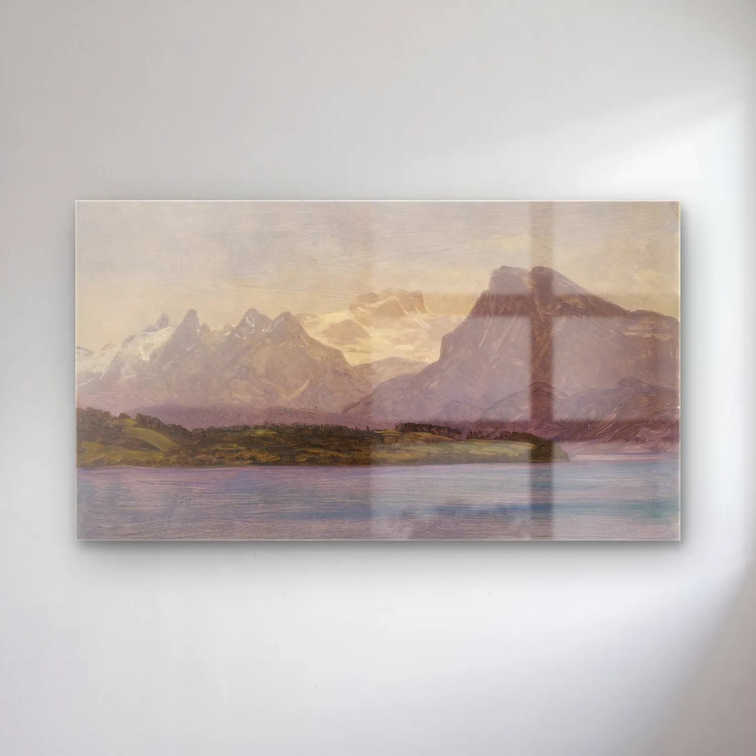 Albert Bierstadt – Alaskan Coast Range (ca. 1889) cam tablo — Albert Bierstadt – Alaskan Coast Range (ca. 1889) — yağlı boya göl ve dağlar