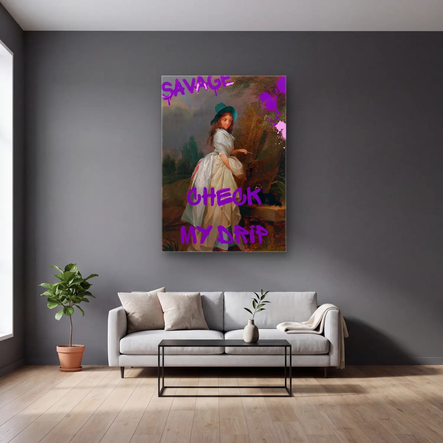 Pastel Dama Deseni No. 2 cam tablo — gri duvarlı salonda