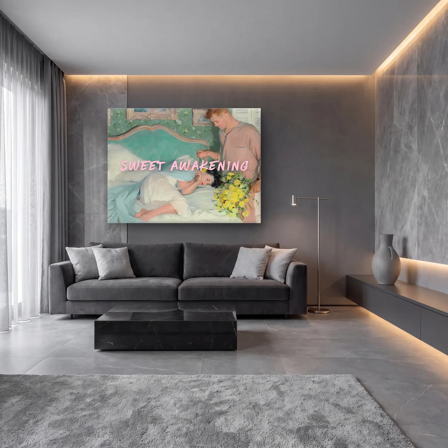 Pastel Aşıklar – Pastel Tonlar cam tablo — lüks salon duvarında