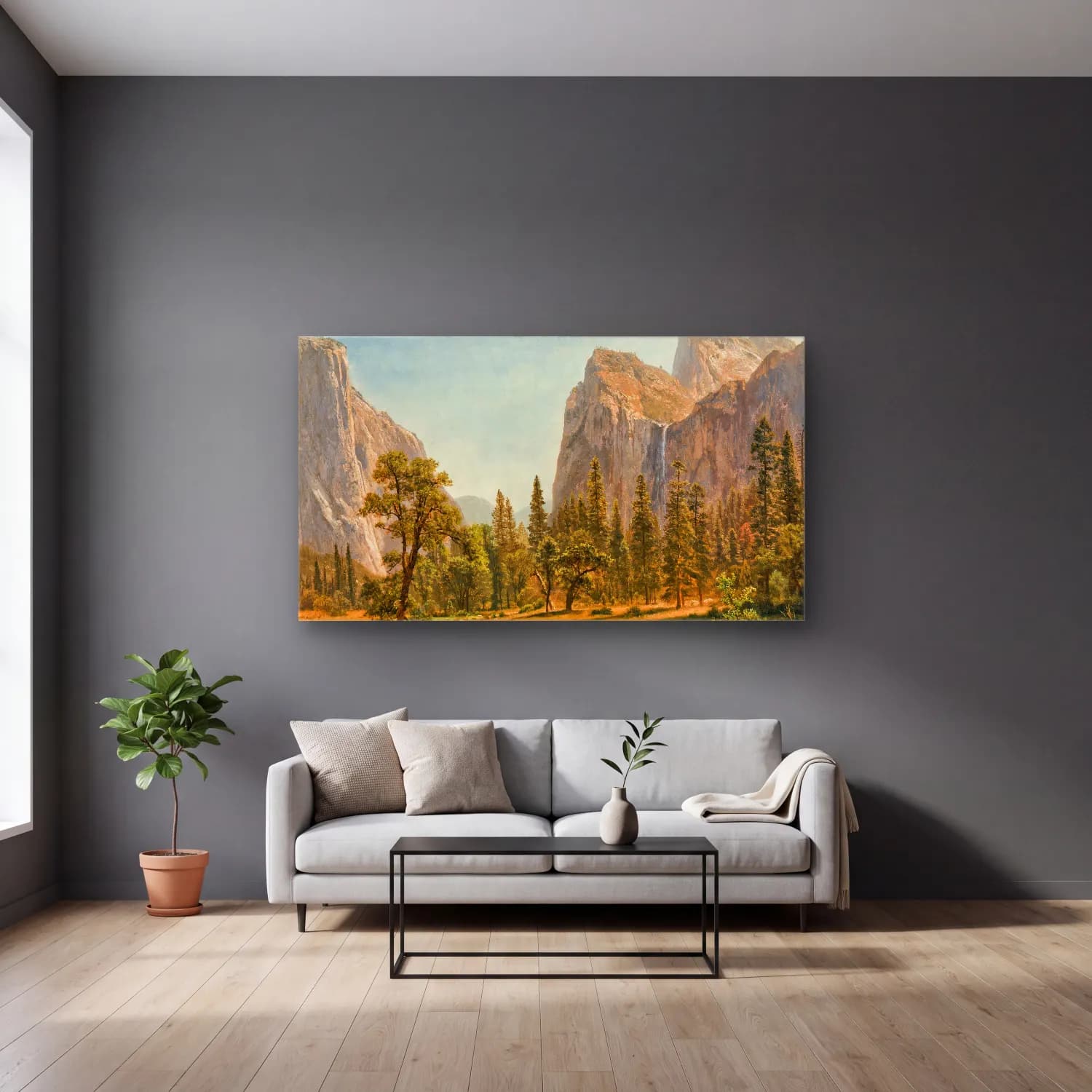 Albert Bierstadt – Bridal Veil Falls, Yosemite Valley, California cam tablo — gri duvarlı salonda