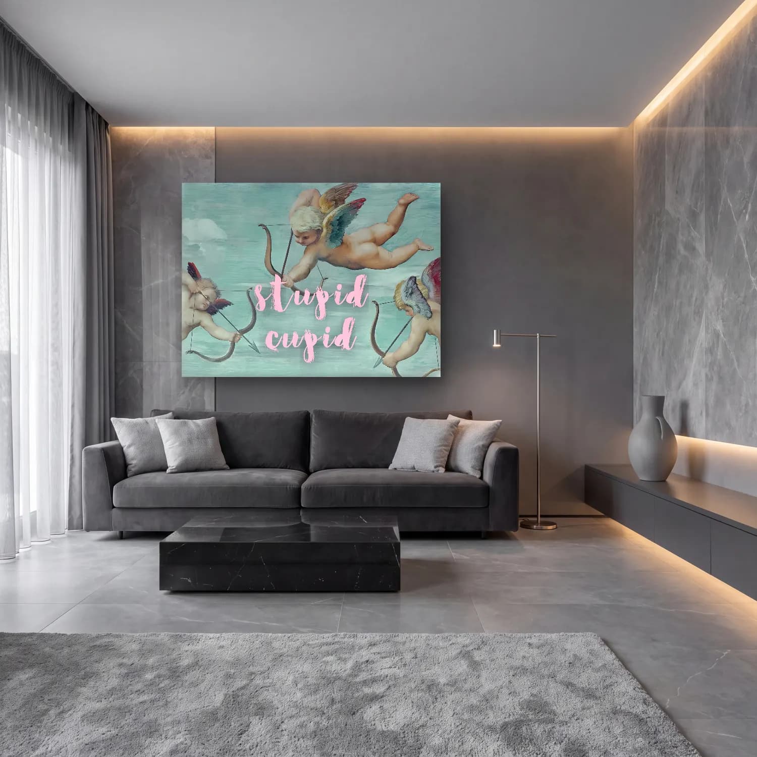 Pastel Yazılı Tasarım No. 5 cam tablo — lüks salon duvarında