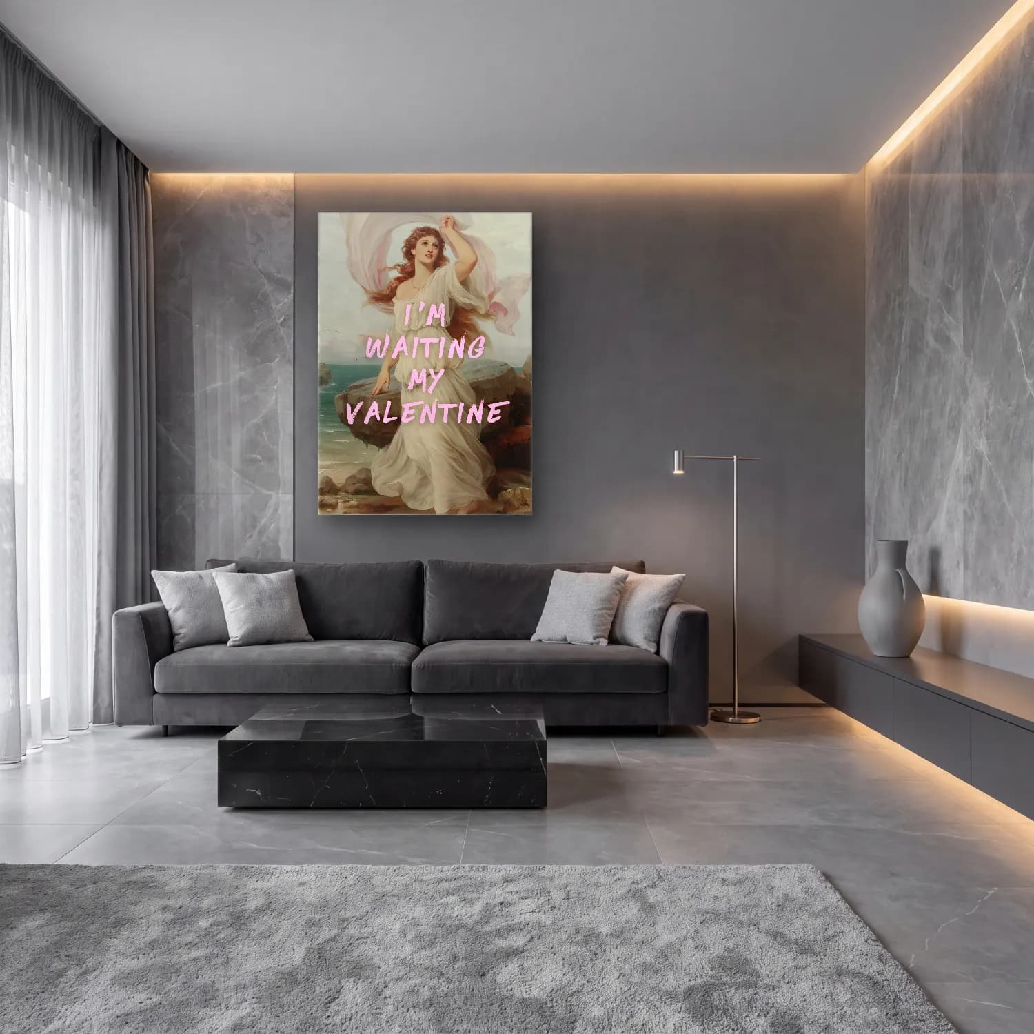 Pastel Melek No. 7 cam tablo — lüks salon duvarında
