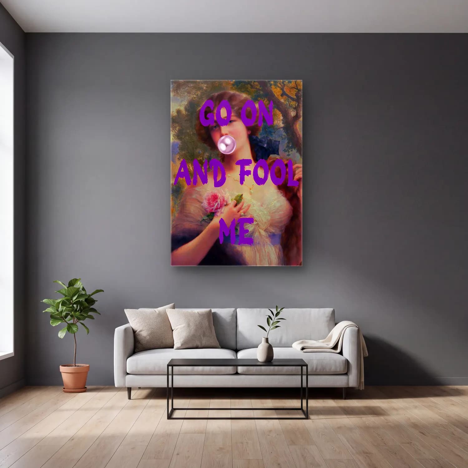Pastel Söz Posteri No. 6 cam tablo — gri duvarlı salonda