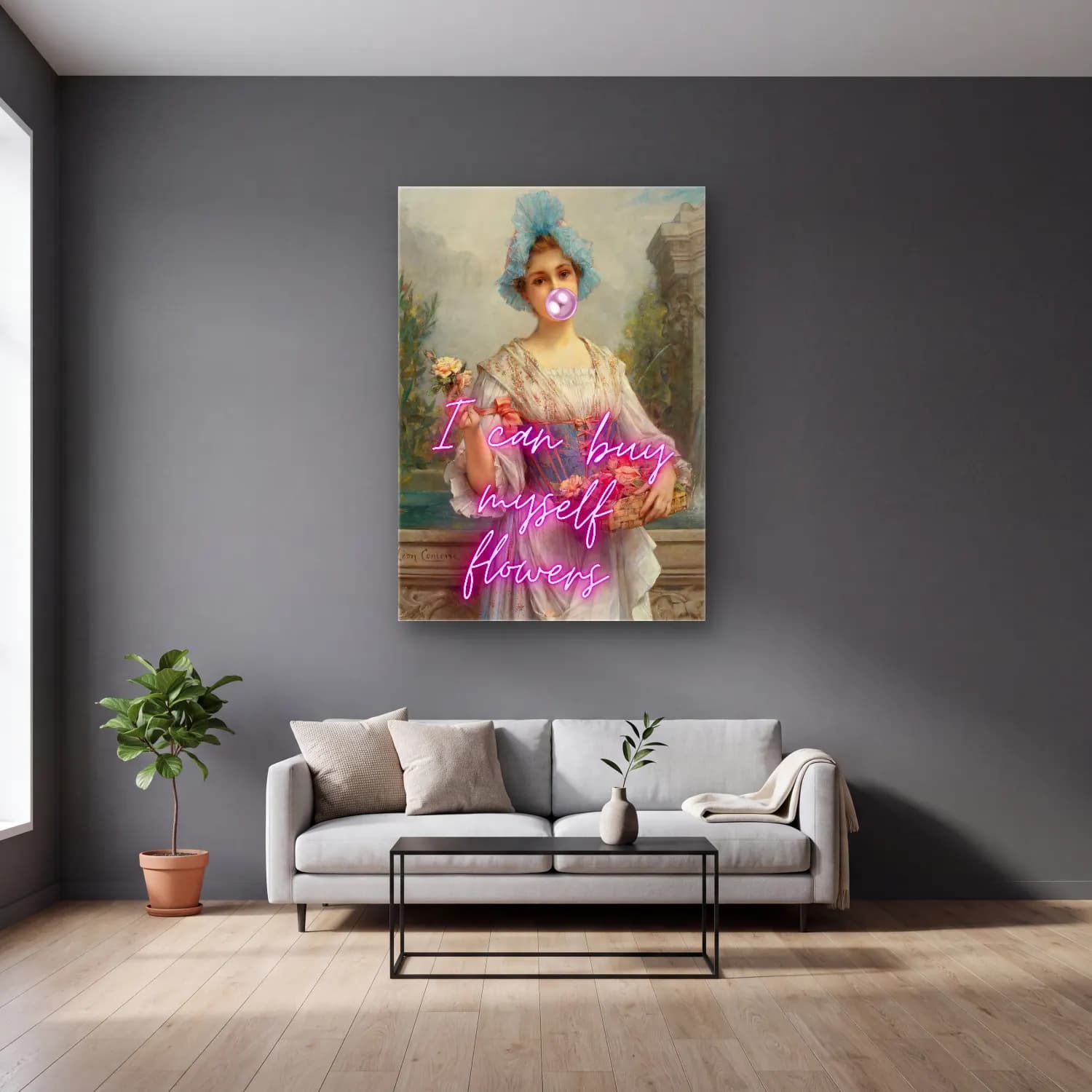 Pastel Kız Çocuğu Portresi – Pembe Tonlar cam tablo — gri duvarlı salonda