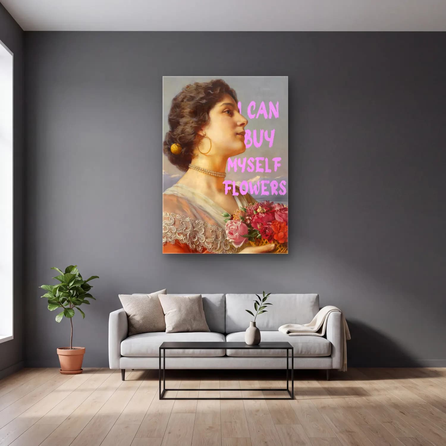 Vintage Poster Çiçek Pazarı No. 3 cam tablo — gri duvarlı salonda