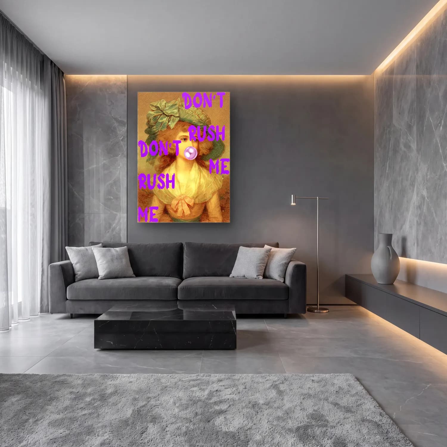 Pastel Yazılı Tasarım No. 8 cam tablo — lüks salon duvarında