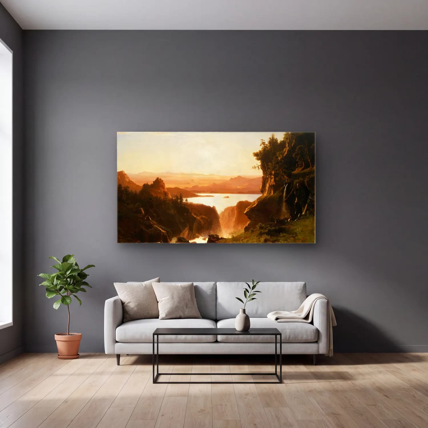 Albert Bierstadt – Island Lake, Wind River Range, Wyoming cam tablo — gri duvarlı salonda