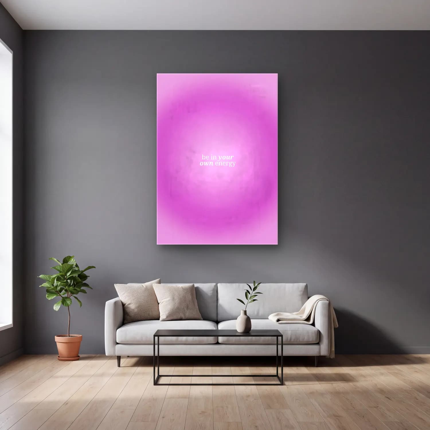 Pastel Söz Posteri No. 8 cam tablo — gri duvarlı salonda
