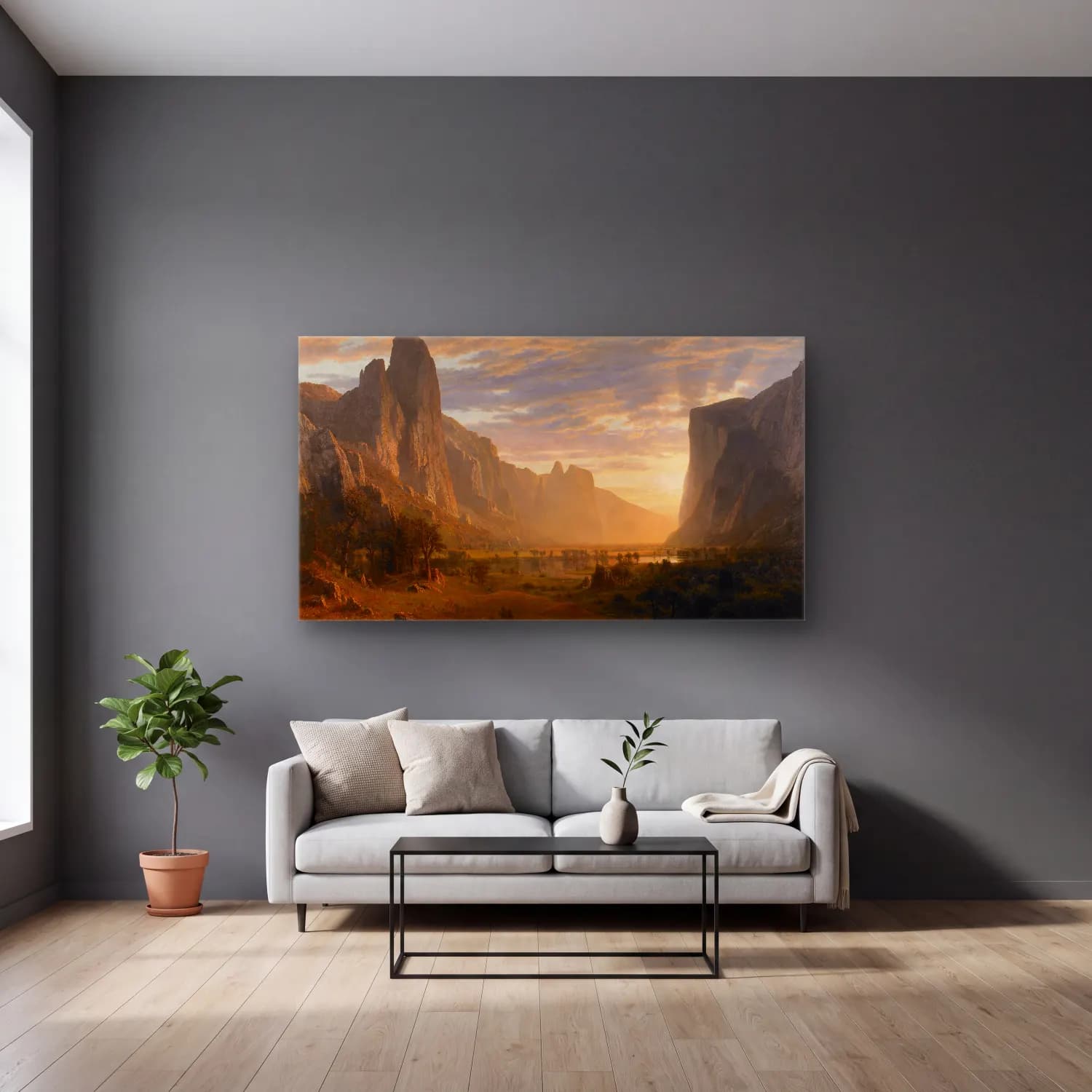 Albert Bierstadt – Looking Down Yosemite Valley, California cam tablo — gri duvarlı salonda