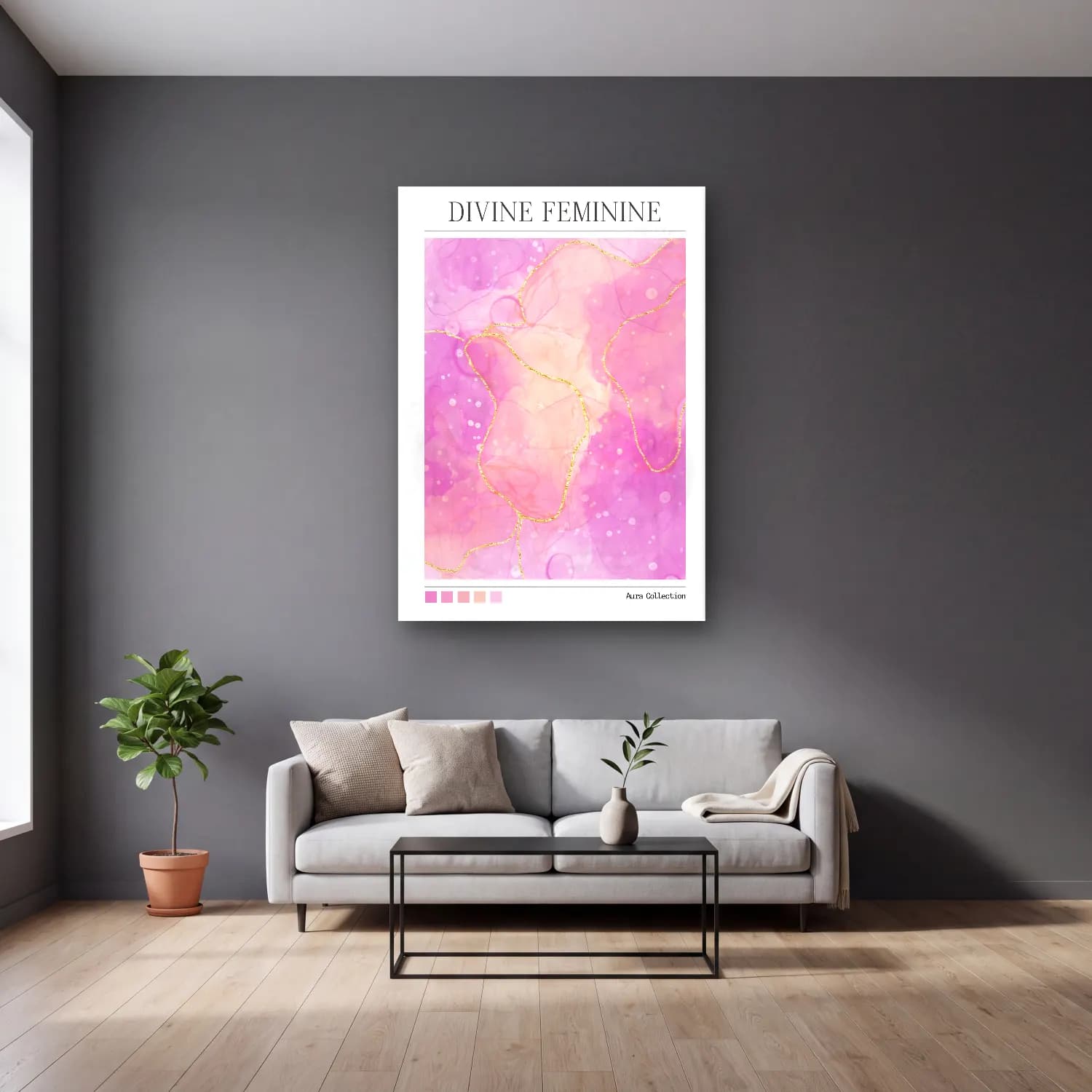 Pastel Mermer Doku No. 10 cam tablo — gri duvarlı salonda