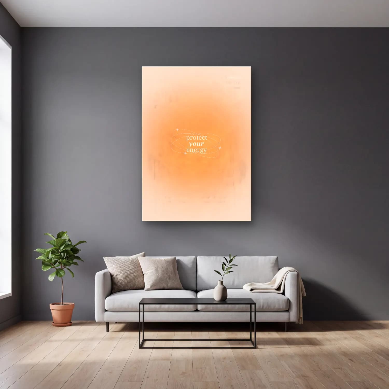 Pastel Söz Posteri No. 13 cam tablo — gri duvarlı salonda