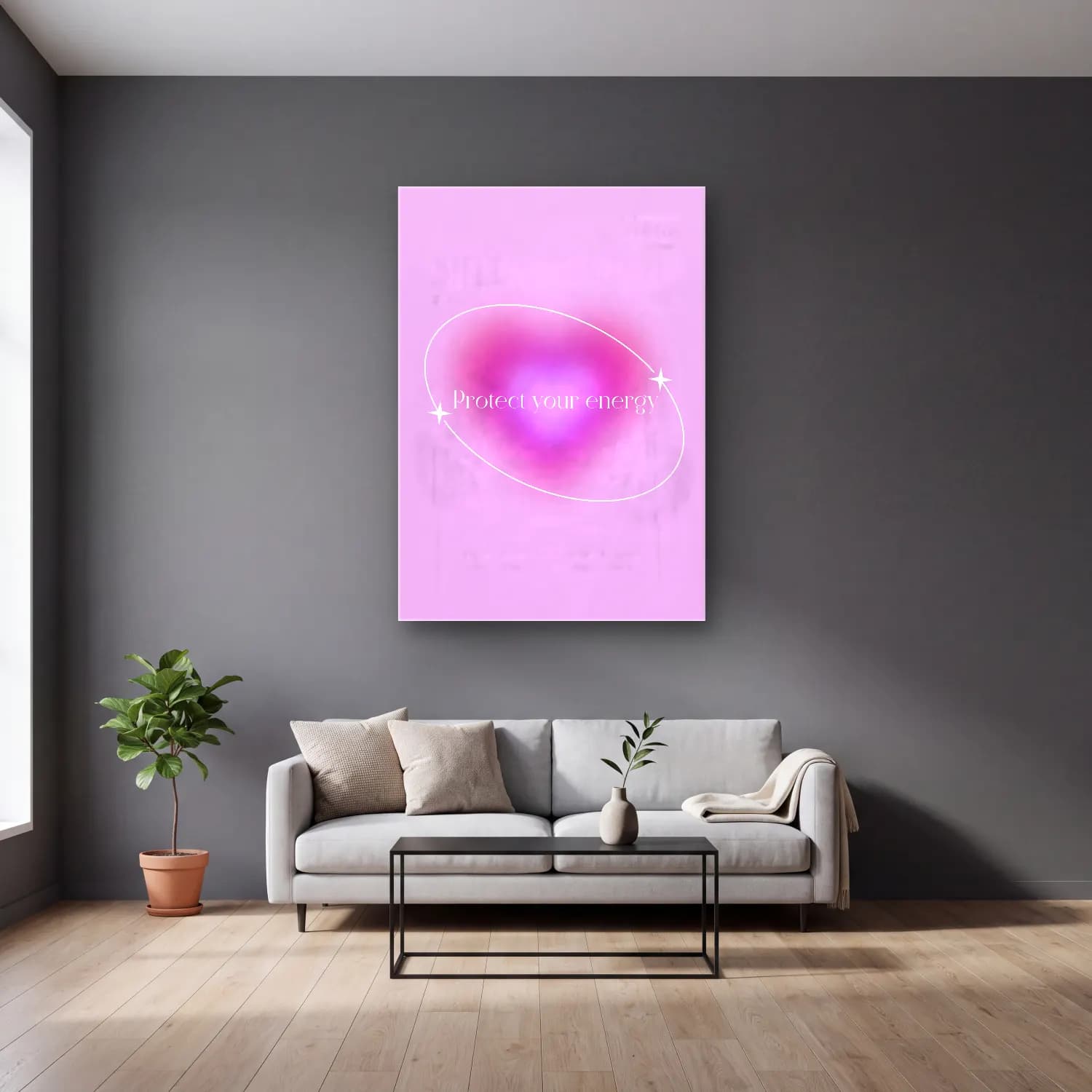 Pastel Söz Posteri No. 16 cam tablo — gri duvarlı salonda