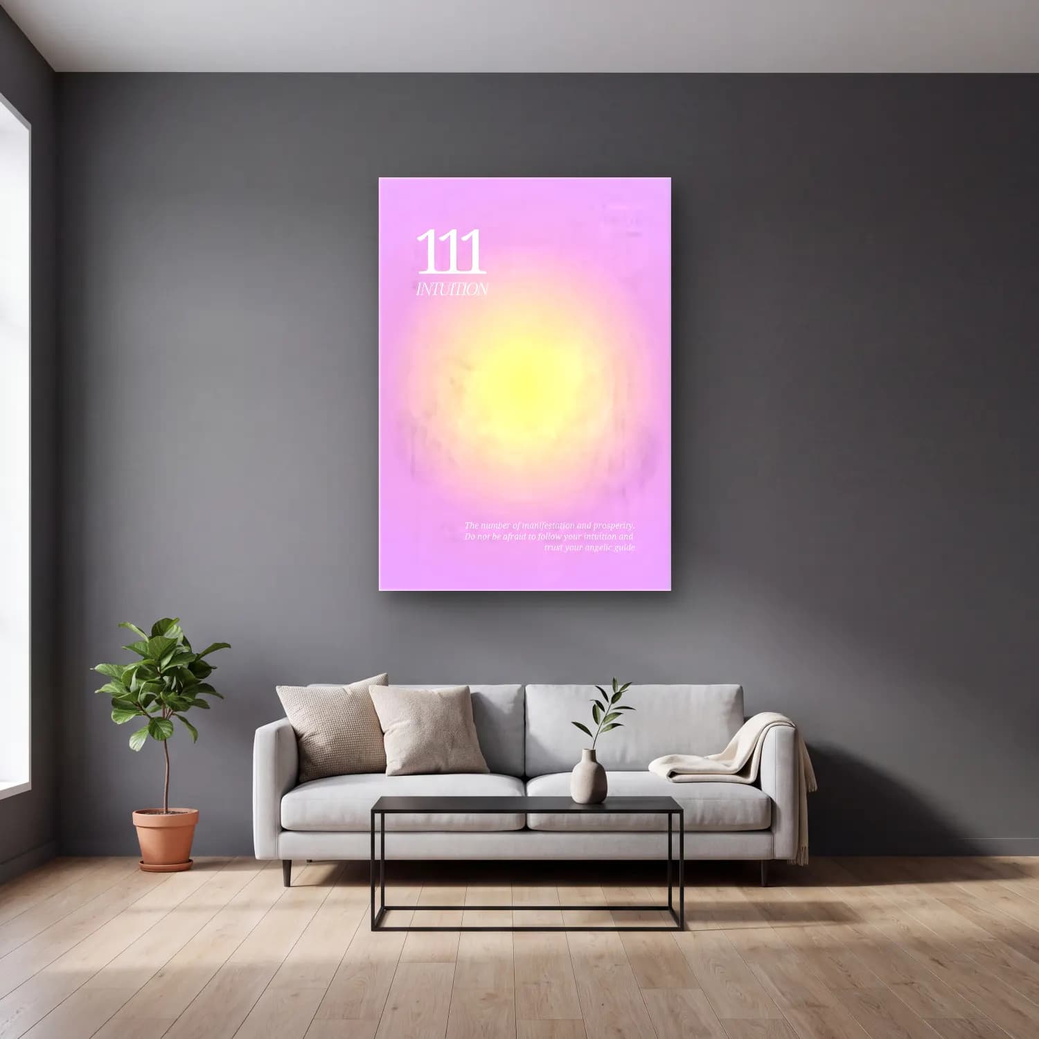 Pastel Rakamlar No. 5 cam tablo — gri duvarlı salonda