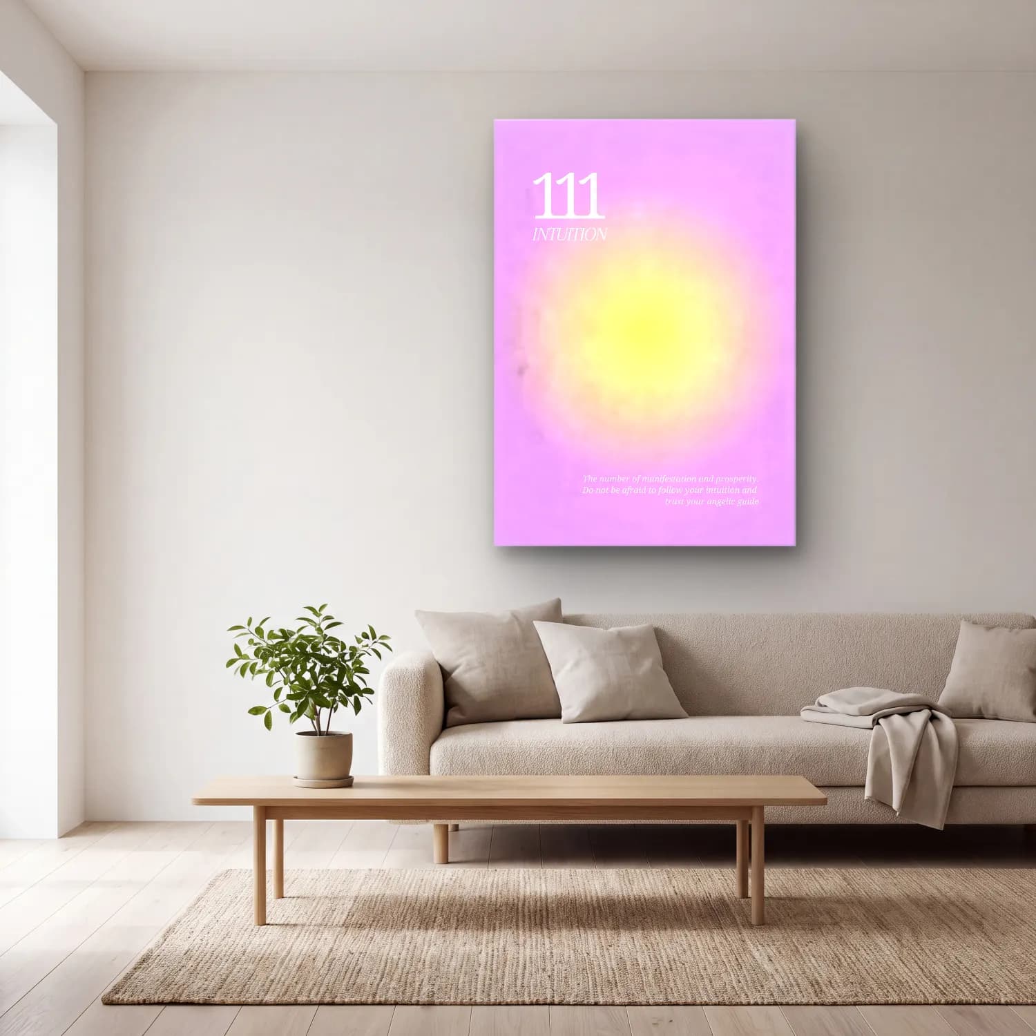 Pastel Rakamlar No. 5 cam tablo — açık renk salonda