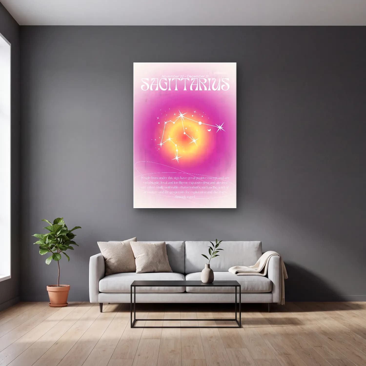 Pastel Gök Haritası No. 3 cam tablo — gri duvarlı salonda
