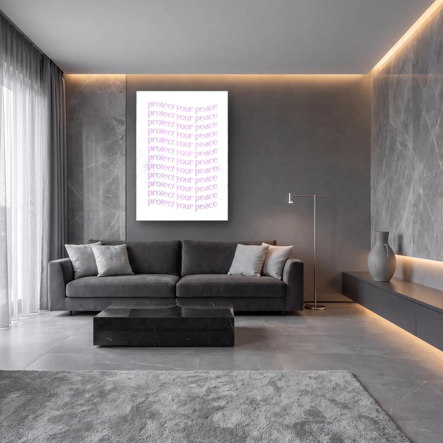 Pastel Yazılı Tasarım No. 15 cam tablo — lüks salon duvarında