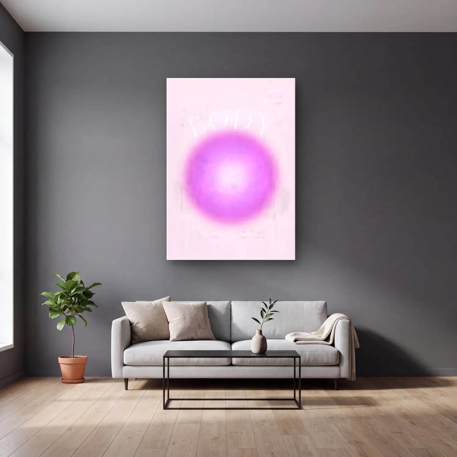 Pastel Anatomi Çizimi No. 3 cam tablo — gri duvarlı salonda
