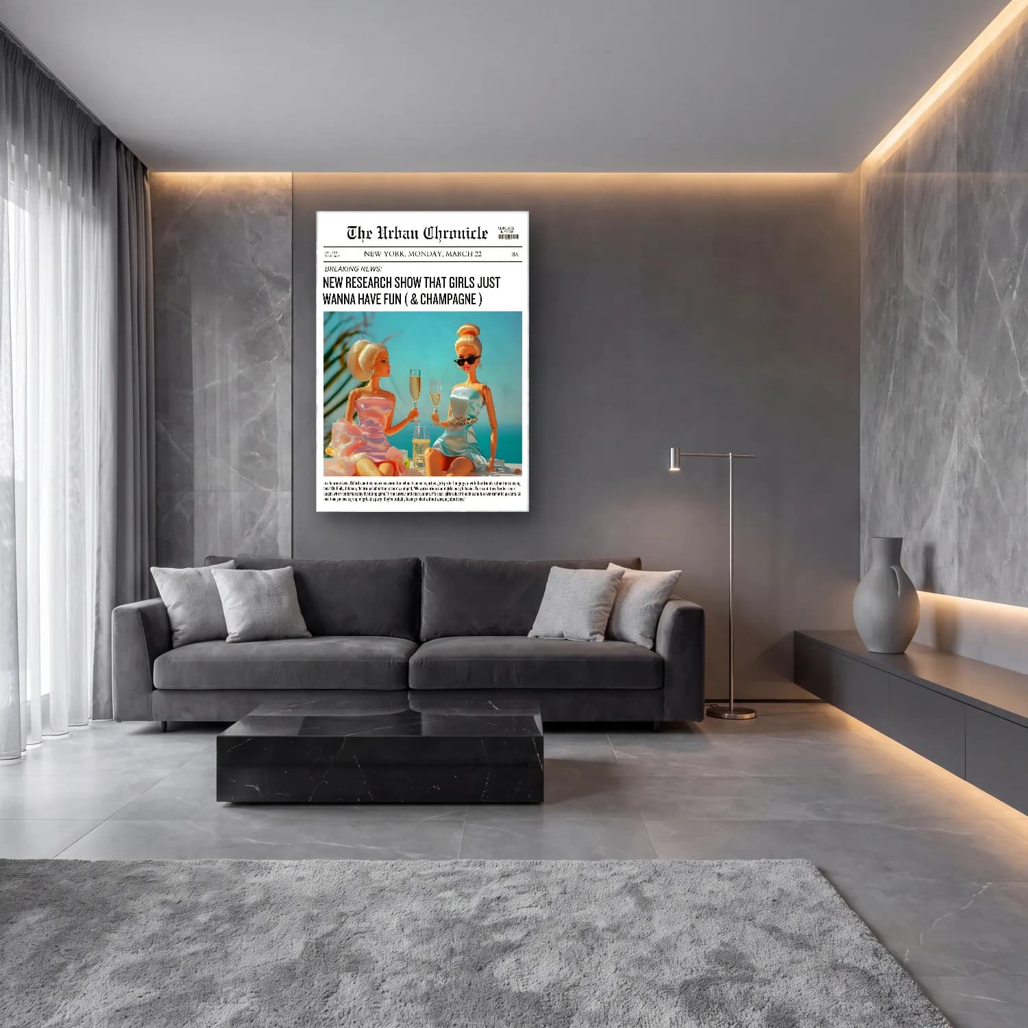 Pastel Şampanya No. 4 cam tablo — lüks salon duvarında