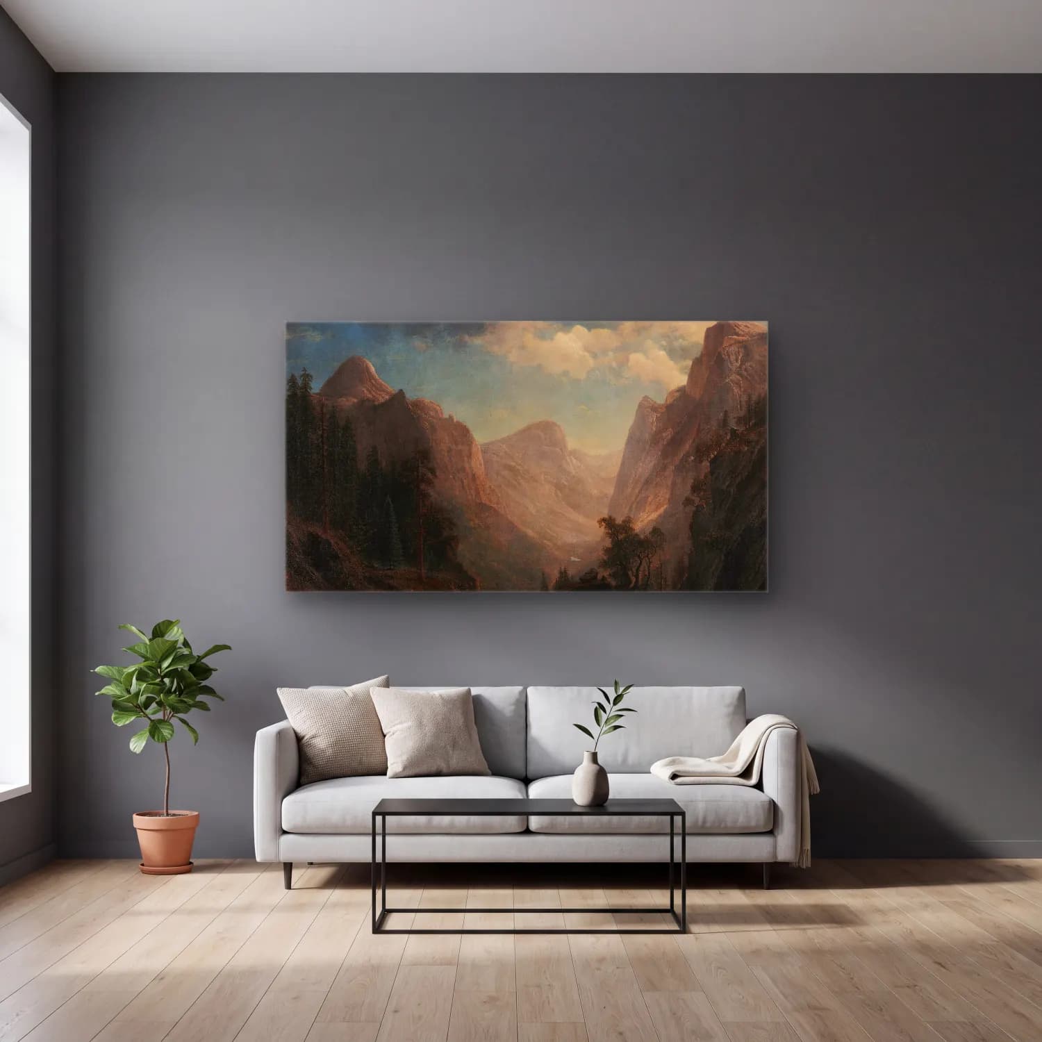 Albert Bierstadt – View in the Yosemite Valley (between 1850 and 1890) cam tablo — gri duvarlı salonda