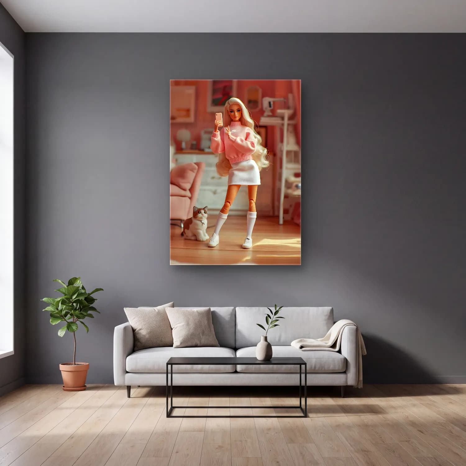 Pastel Moda İllüstrasyonu No. 3 cam tablo — gri duvarlı salonda