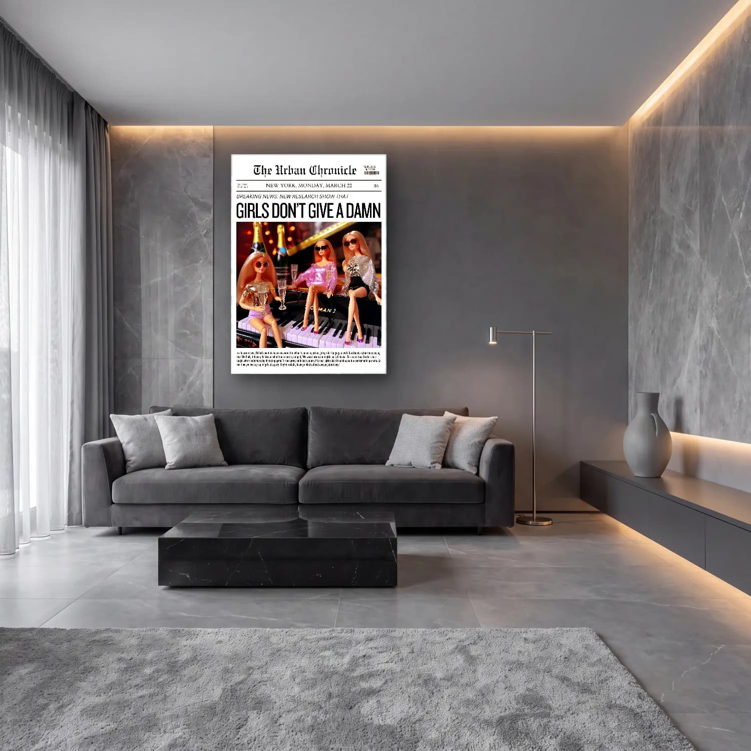 Pop Art Şampanya cam tablo — lüks salon duvarında