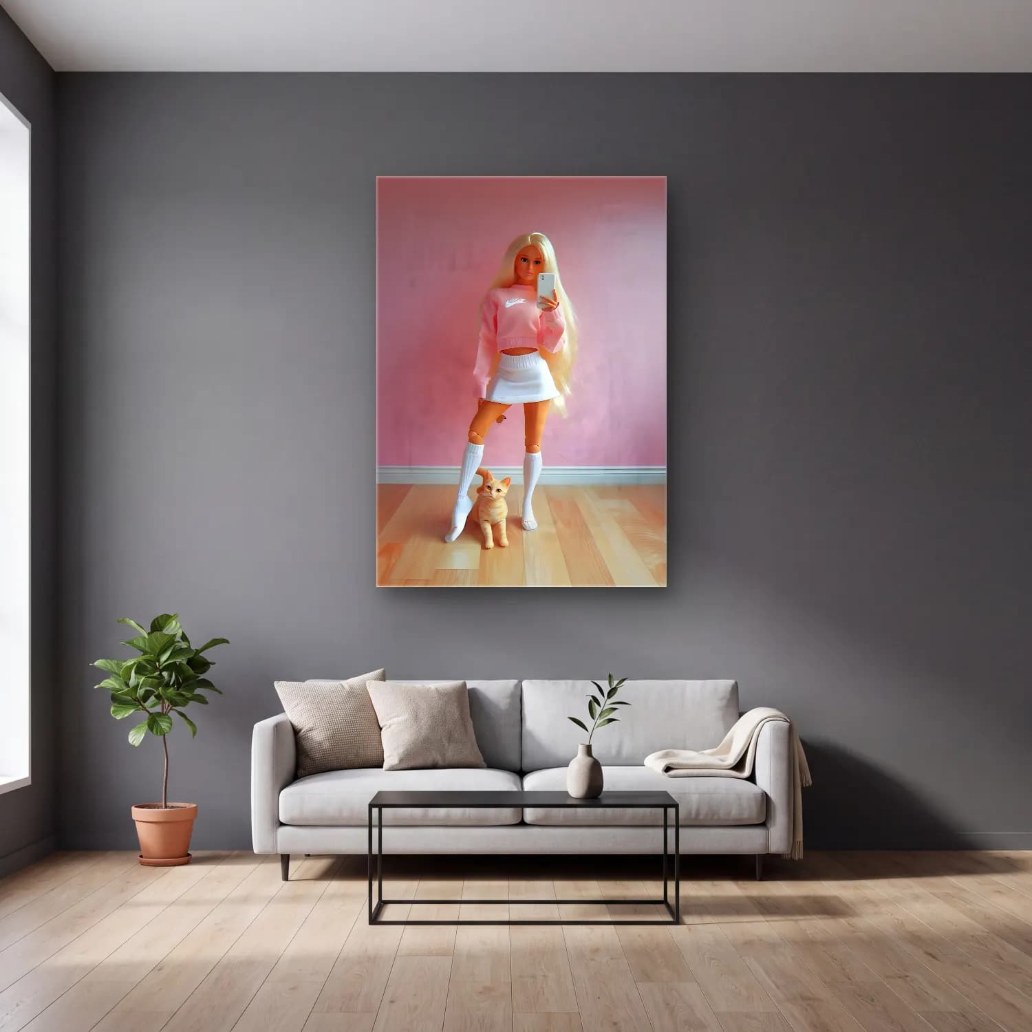 Pastel Moda İllüstrasyonu No. 4 cam tablo — gri duvarlı salonda