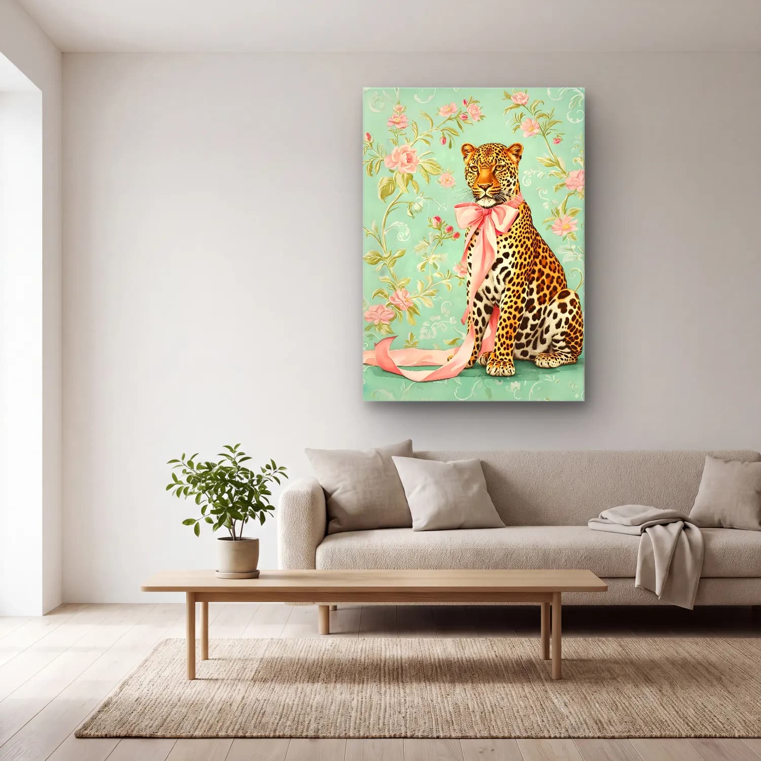 Pastel Leopar No. 9 cam tablo — açık renk salonda