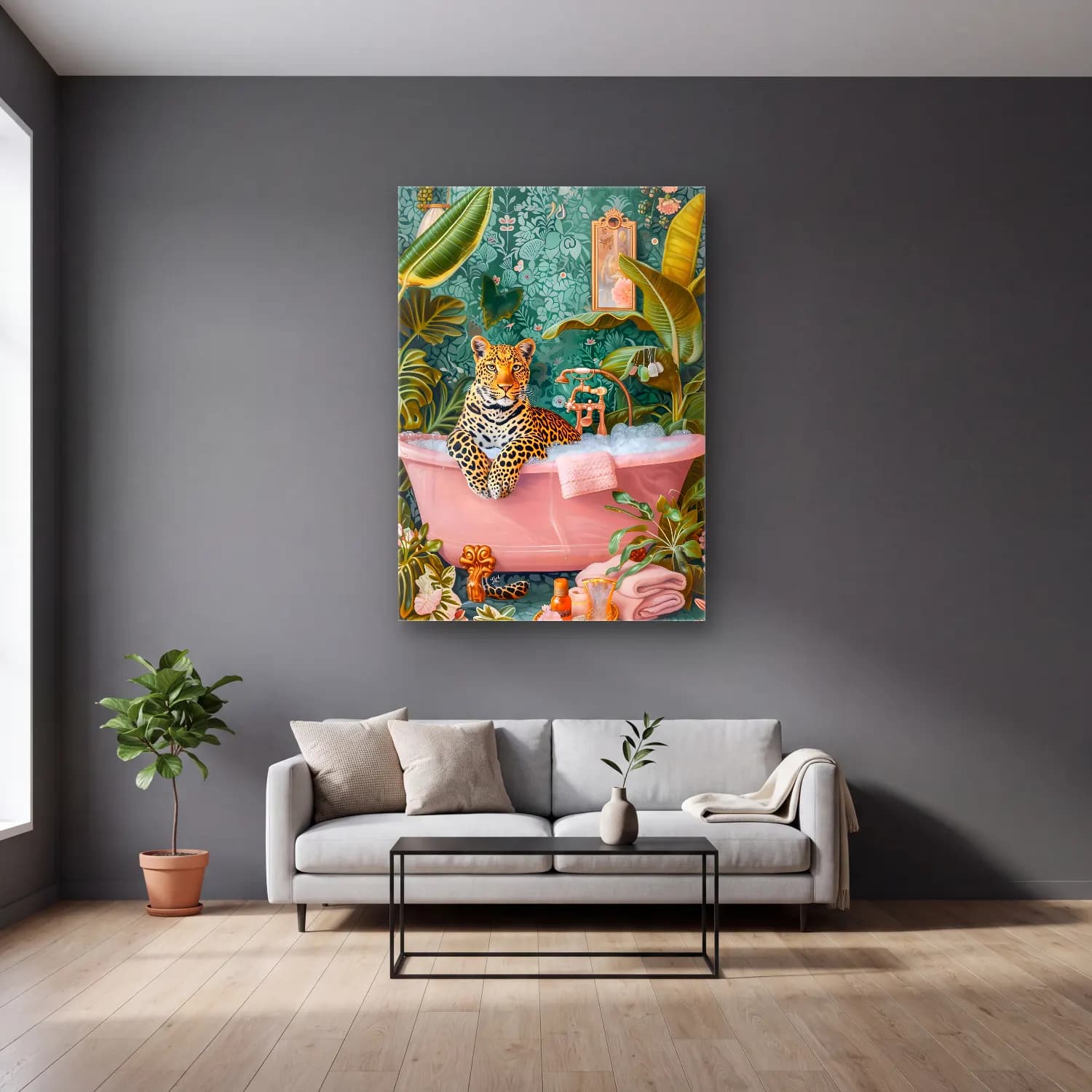 Pastel Leopar No. 11 cam tablo — gri duvarlı salonda