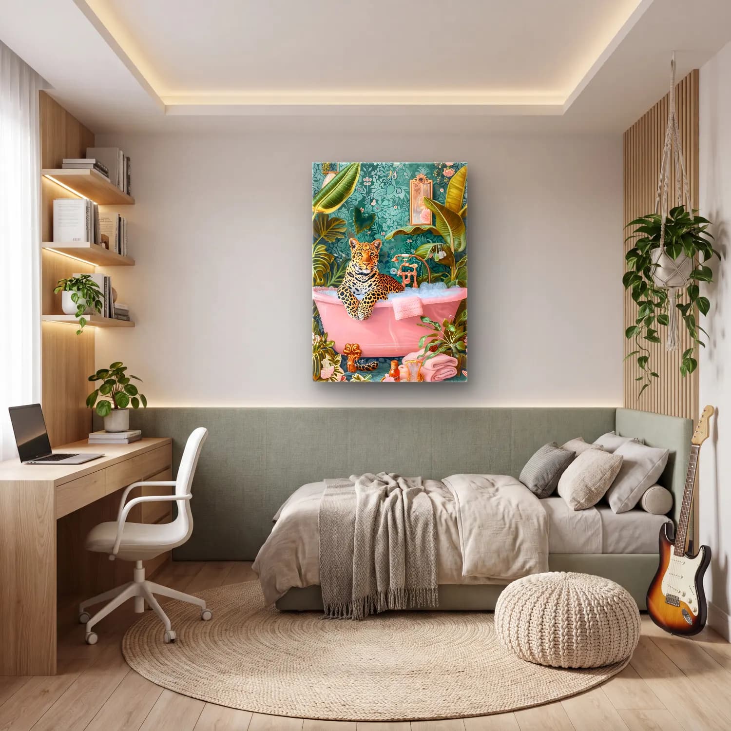 Pastel Leopar No. 11 cam tablo — genç odasında