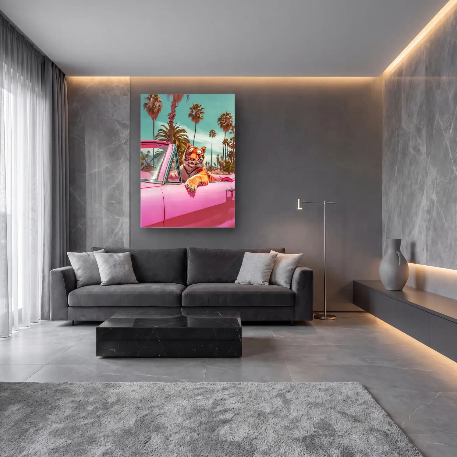 Pastel Kaplan No. 6 cam tablo — lüks salon duvarında
