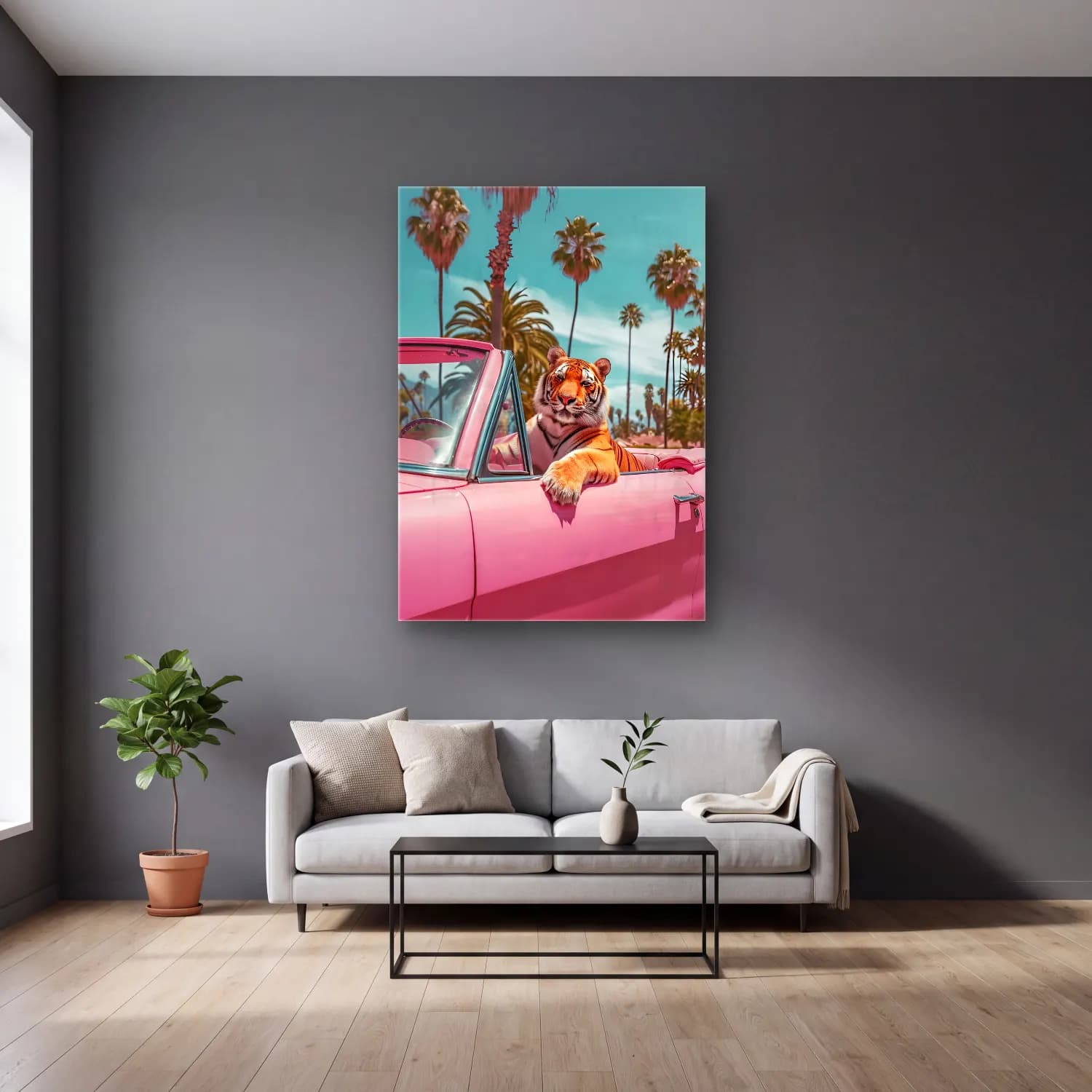 Pastel Kaplan No. 6 cam tablo — gri duvarlı salonda