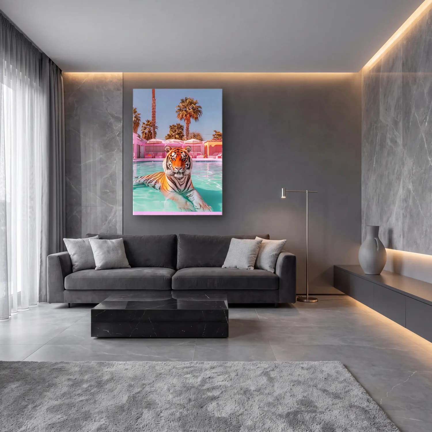 Pastel Kaplan No. 13 cam tablo — lüks salon duvarında