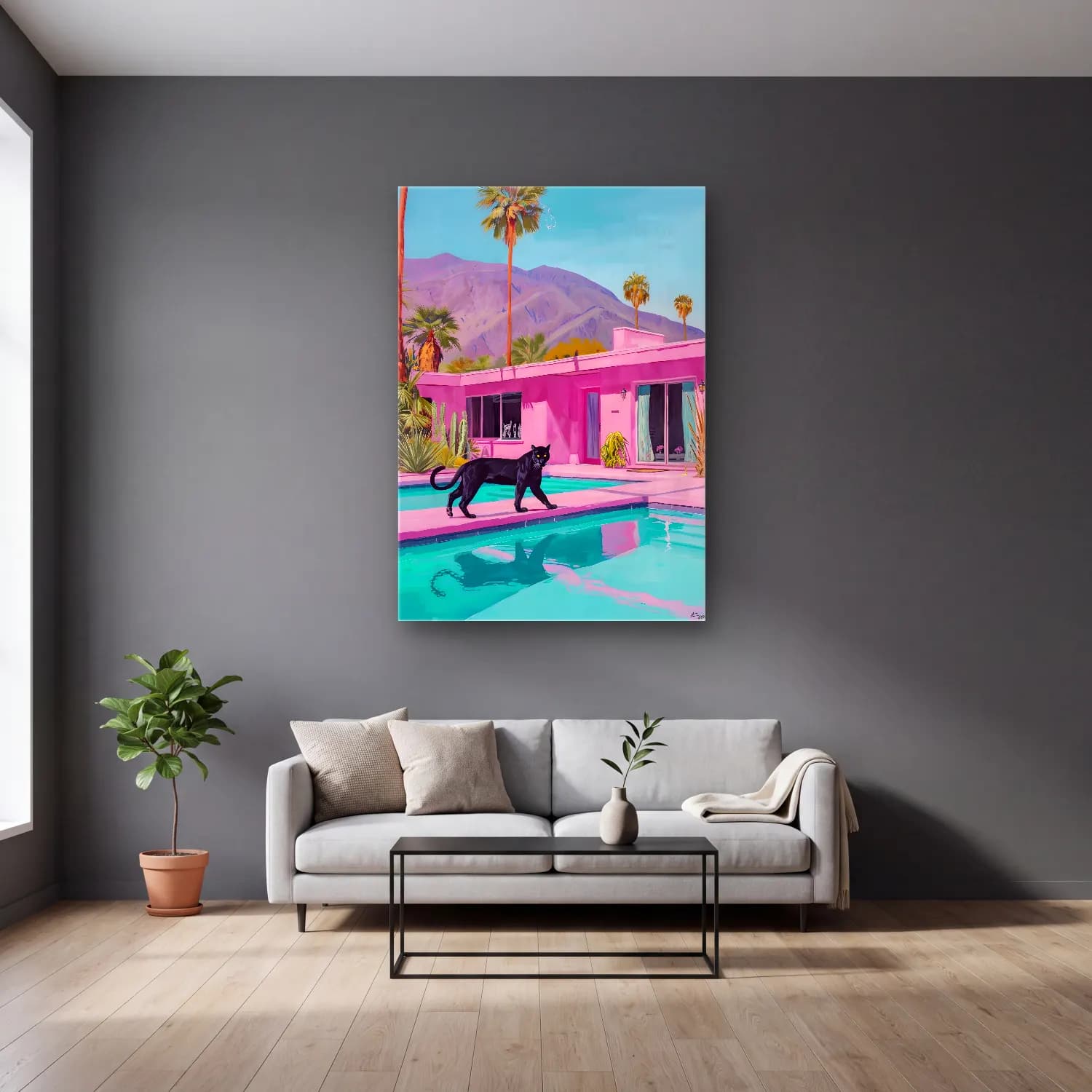 Pastel Leopar No. 16 cam tablo — gri duvarlı salonda