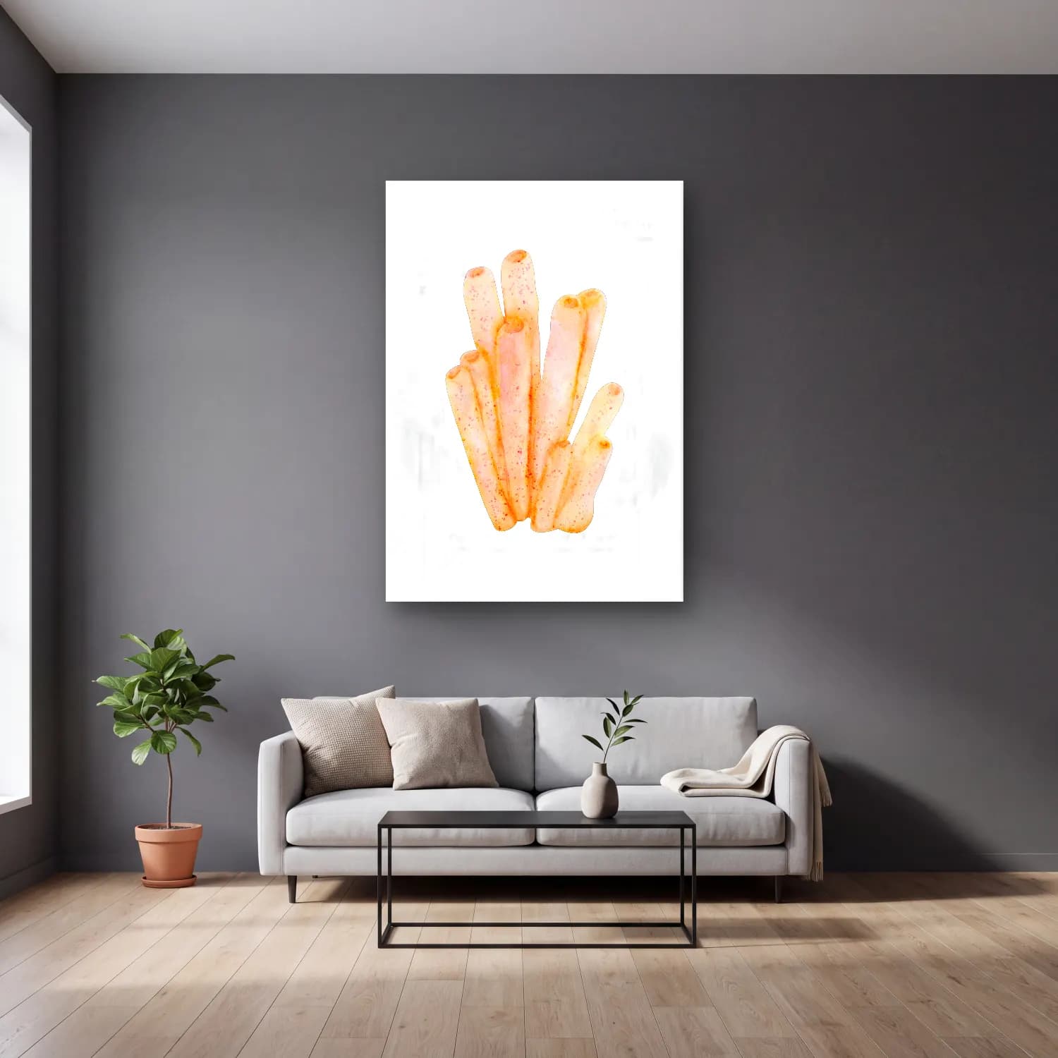Pastel Makarna No. 4 cam tablo — gri duvarlı salonda