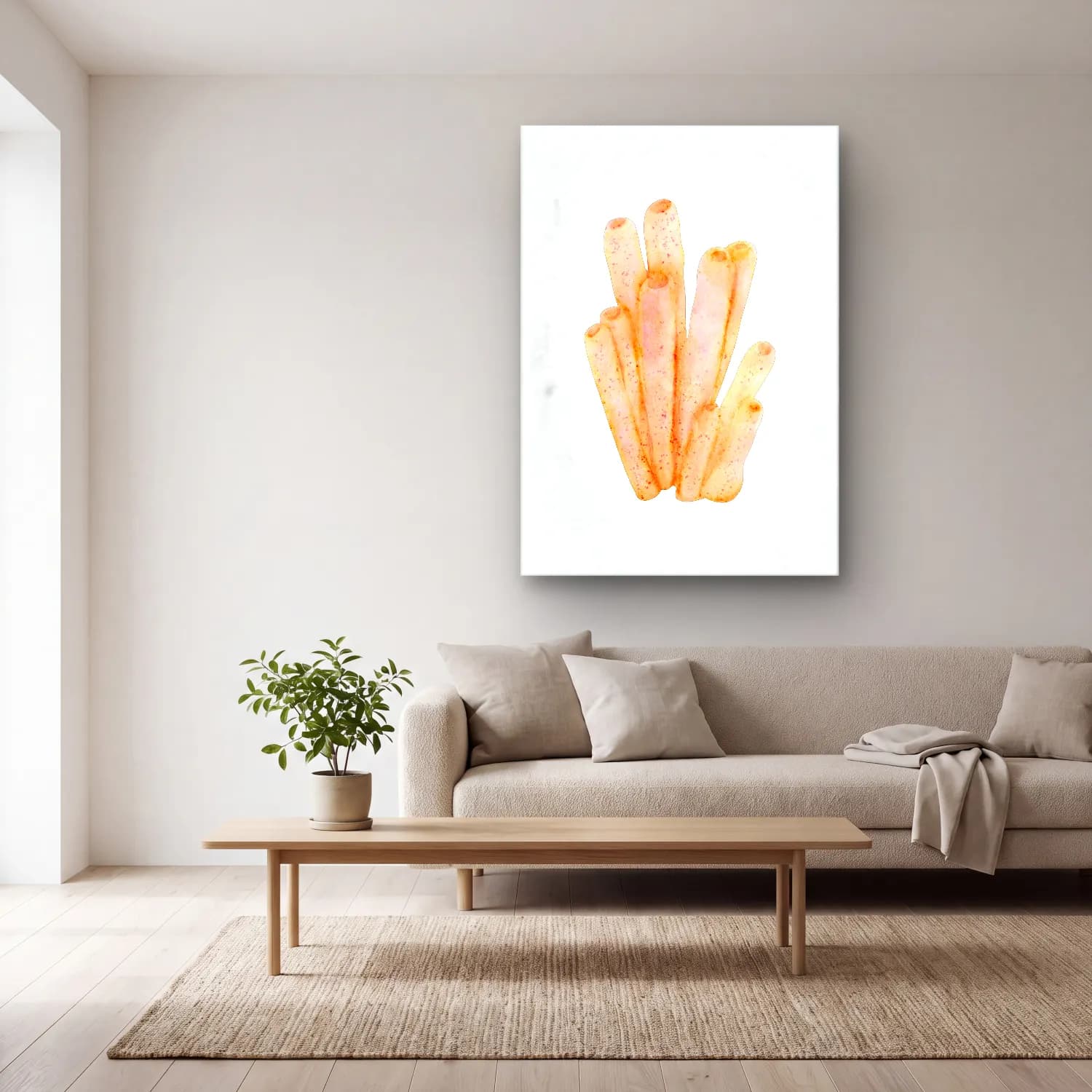 Pastel Makarna No. 4 cam tablo — açık renk salonda